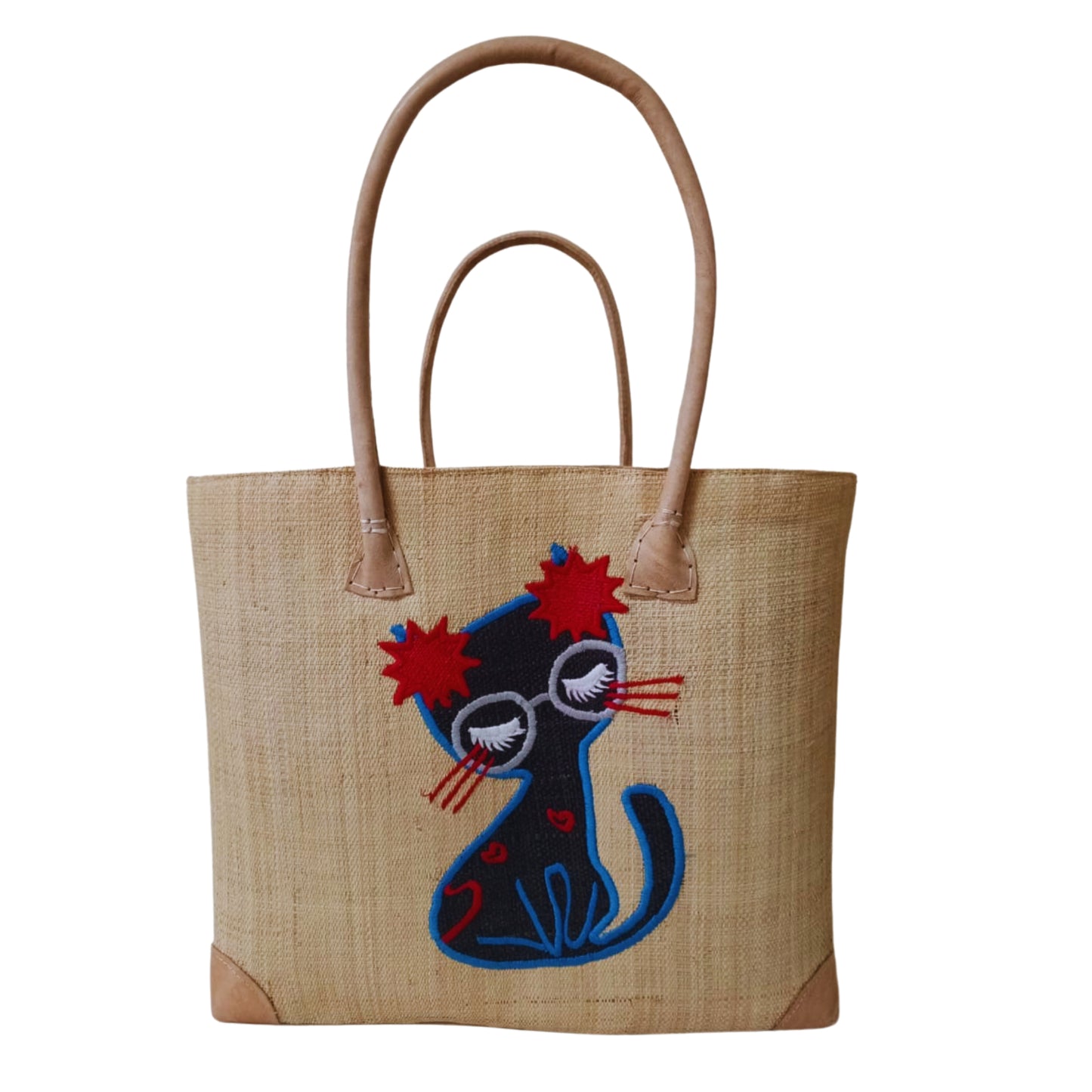 Beige woven cat basket with strong leather handle and drawstring. Handmade in Madagascar. 