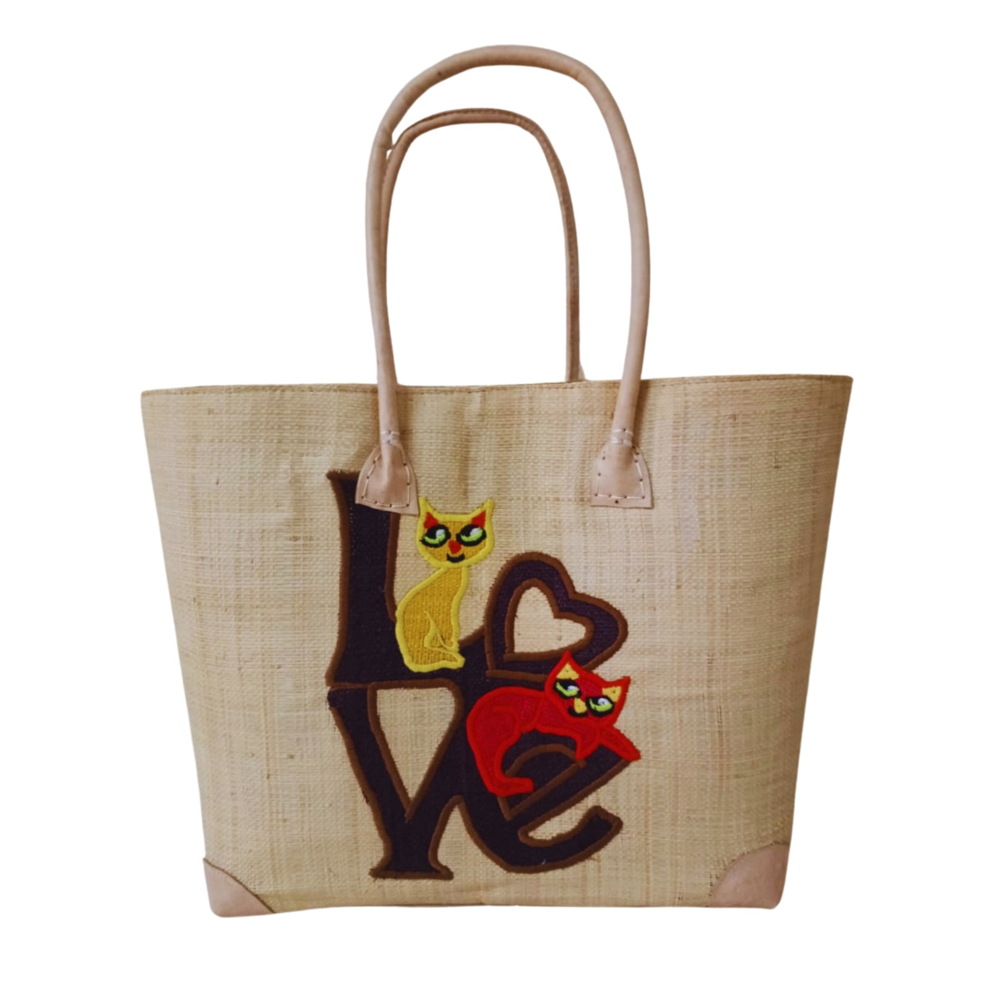 Beige love cat embroidery basket from raffia palm leaves. handmade in Madagascar. 