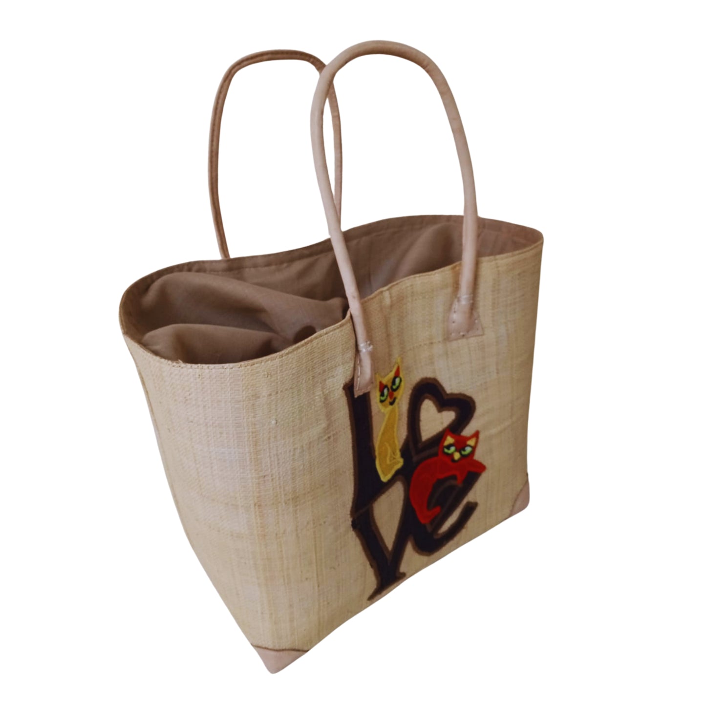 Beige love cat embroidery basket from raffia palm leaves. handmade in Madagascar. 