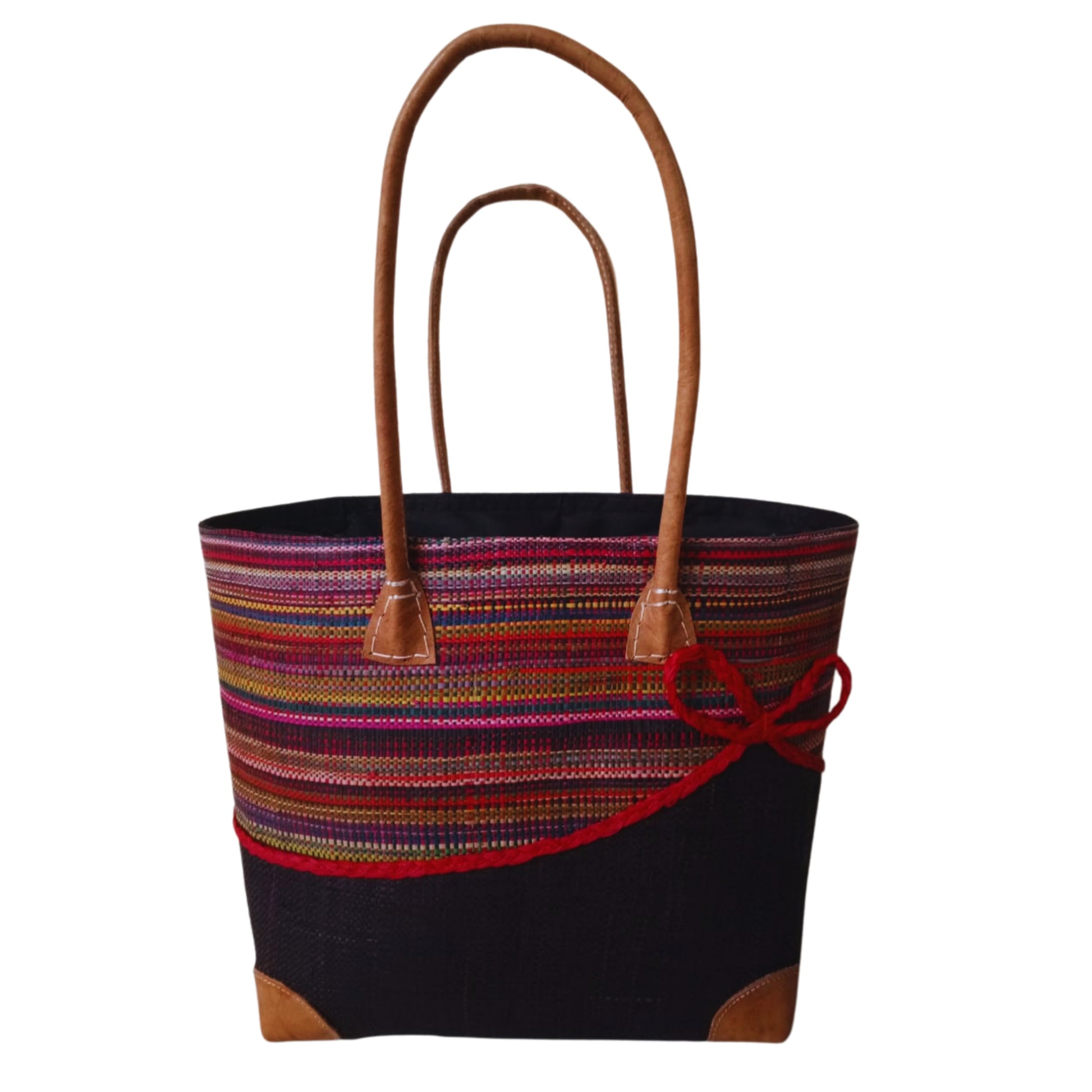 Black Red woven basket with a bow at the front. Handmade in Madagascar. 