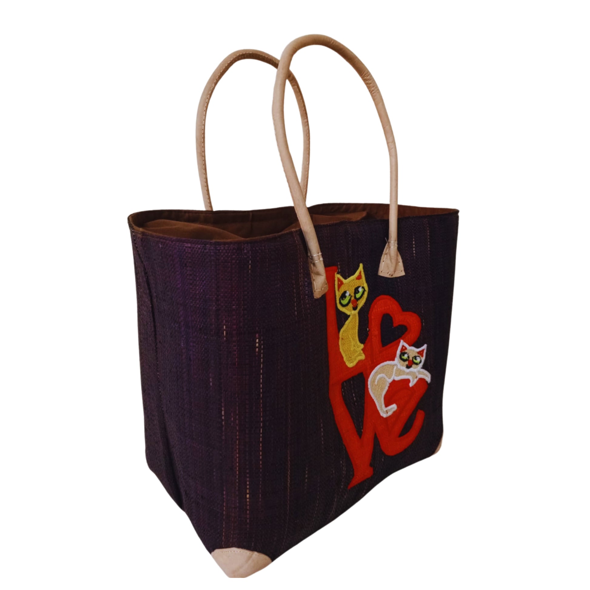 Black love cat embroidery basket from raffia palm leaves. handmade in Madagascar. 