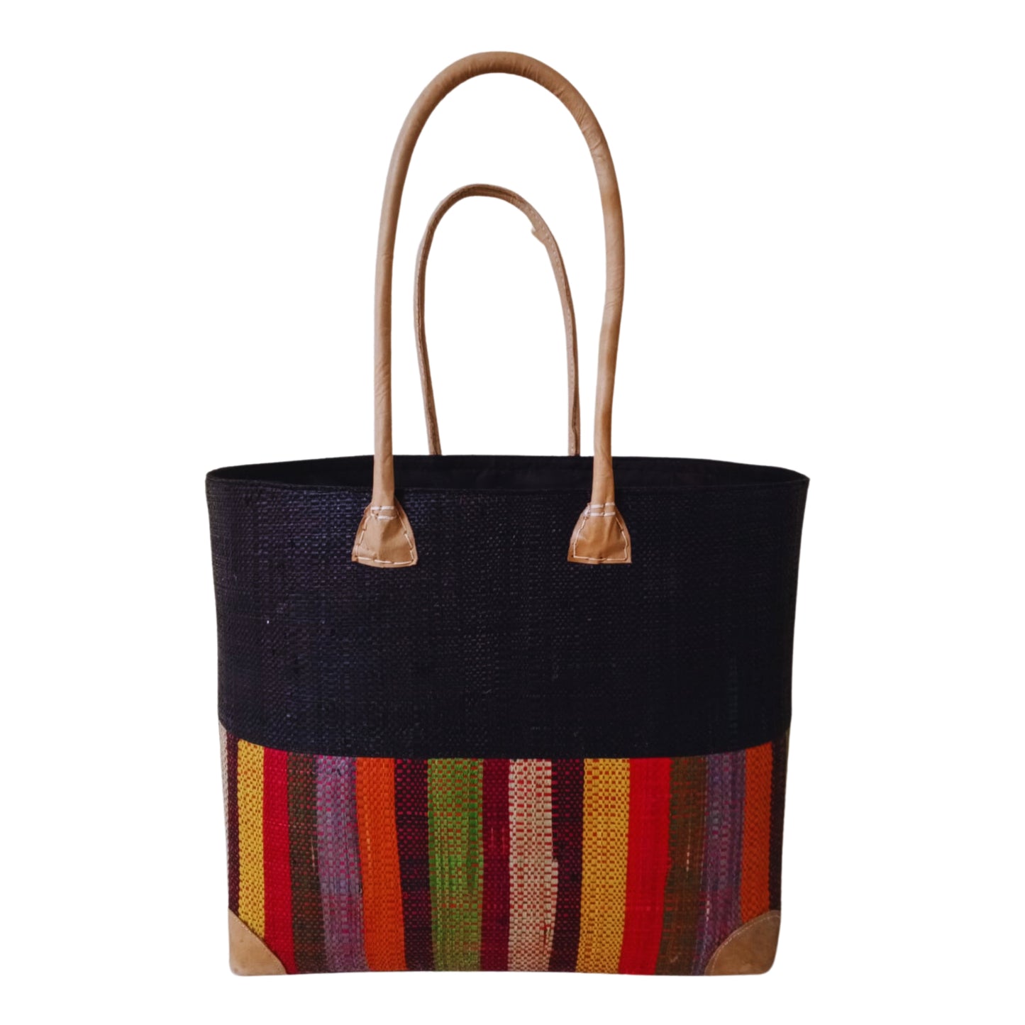 Black with colourful stripes design at the bottom. Woven basket with leather handle. Handmade in madagascar. 