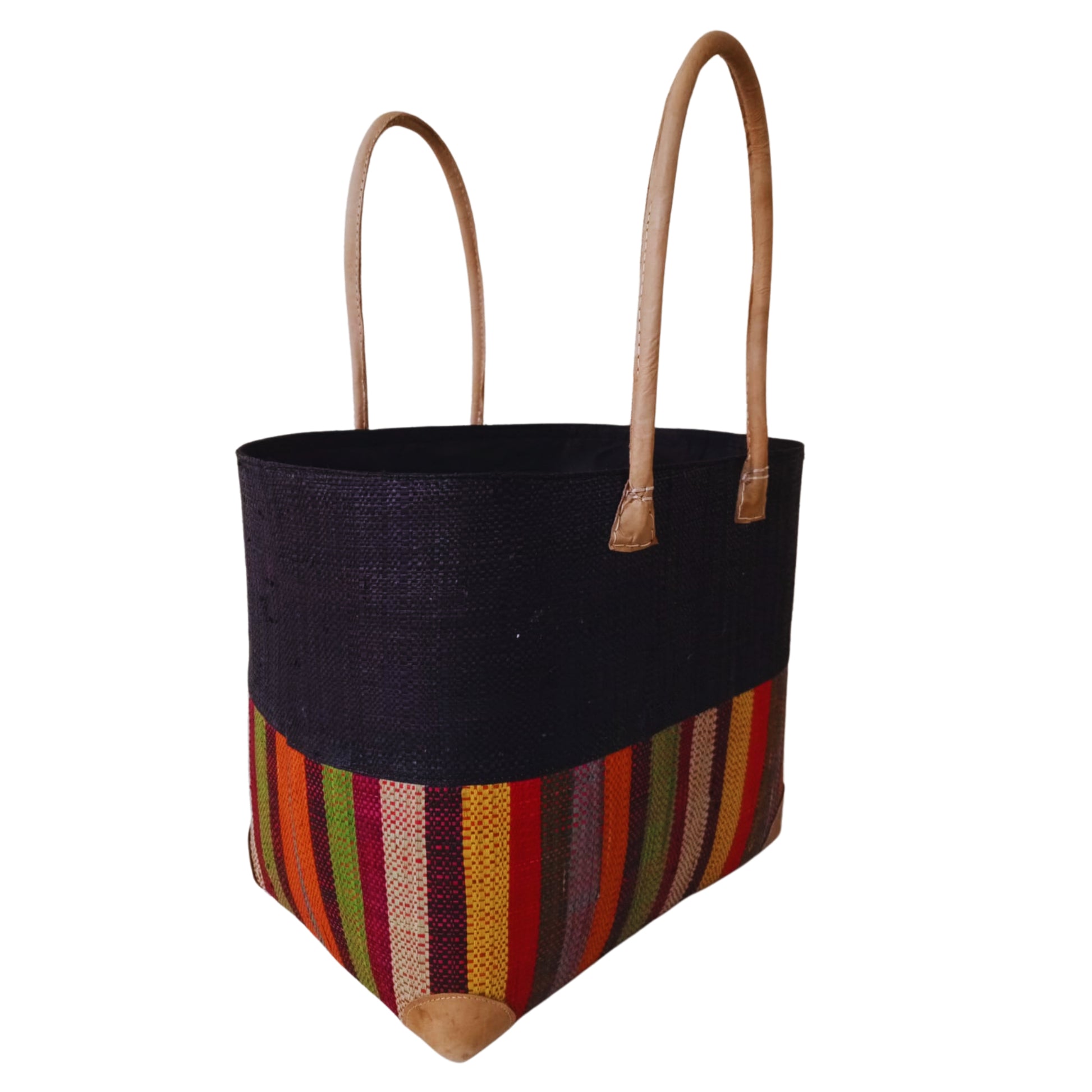 Black with colourful stripes design at the bottom. Woven basket with leather handle. Handmade in madagascar. 