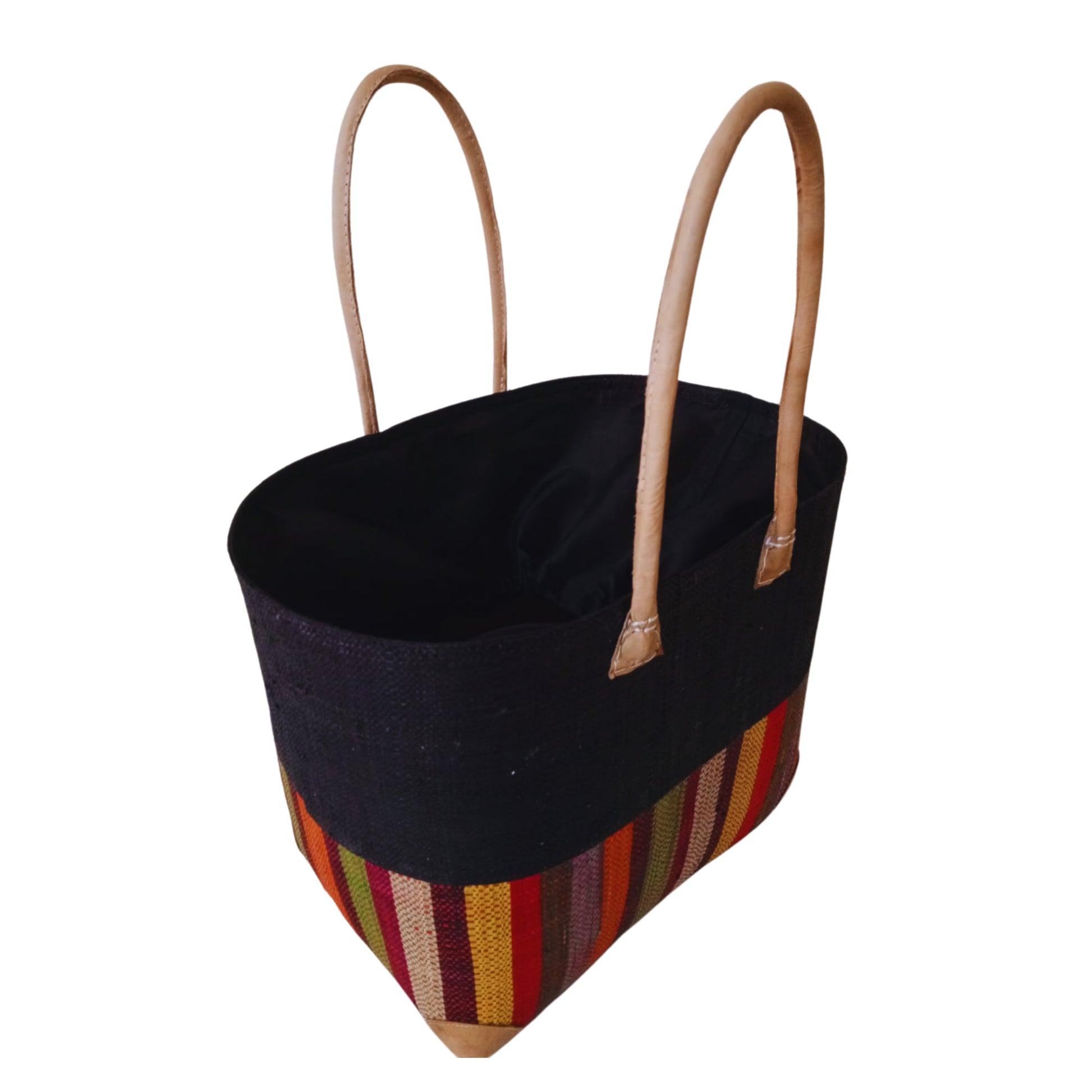 Black with colourful stripes design at the bottom. Woven basket with leather handle. Handmade in madagascar. 