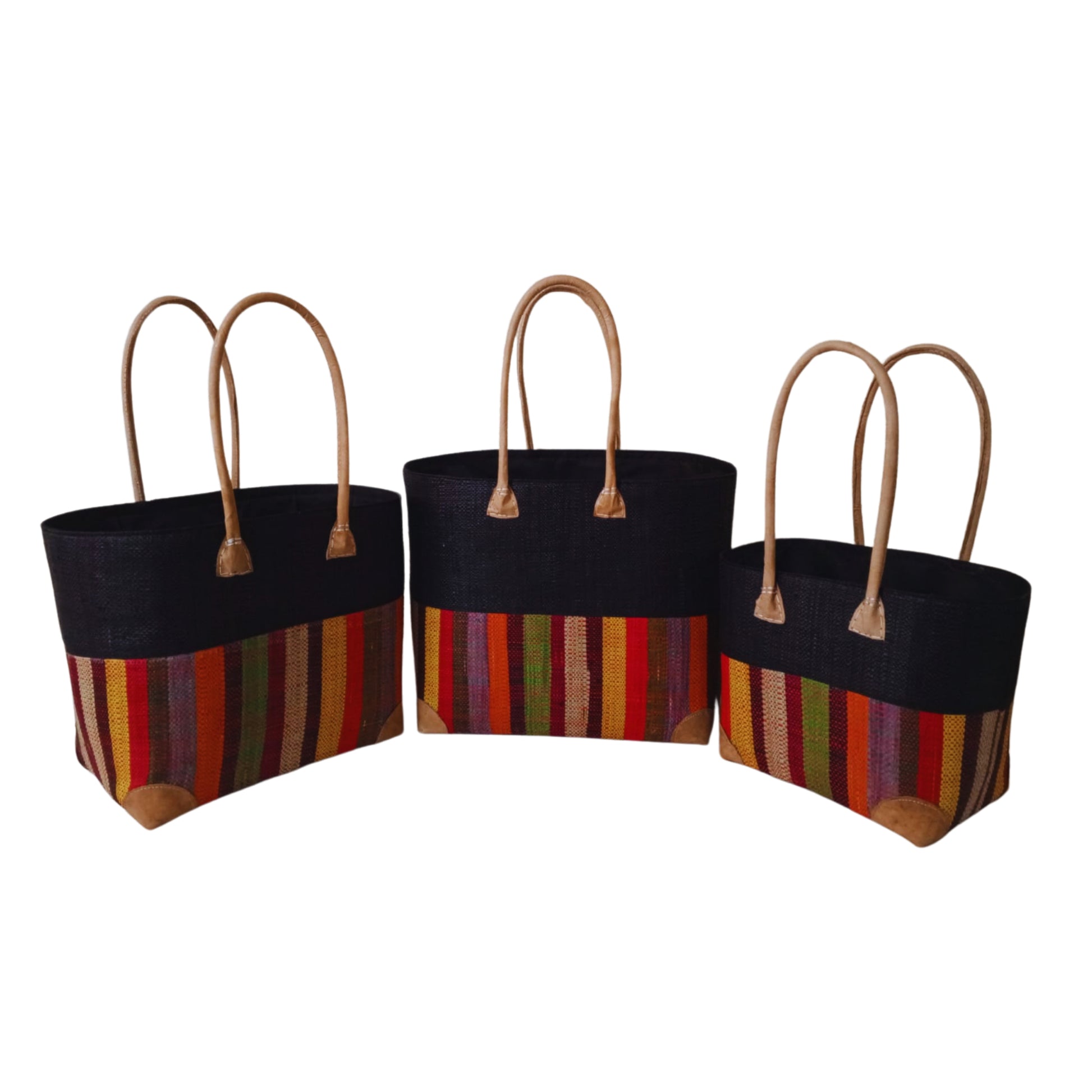 Black with colourful stripes design at the bottom. Woven basket with leather handle. Handmade in madagascar. 