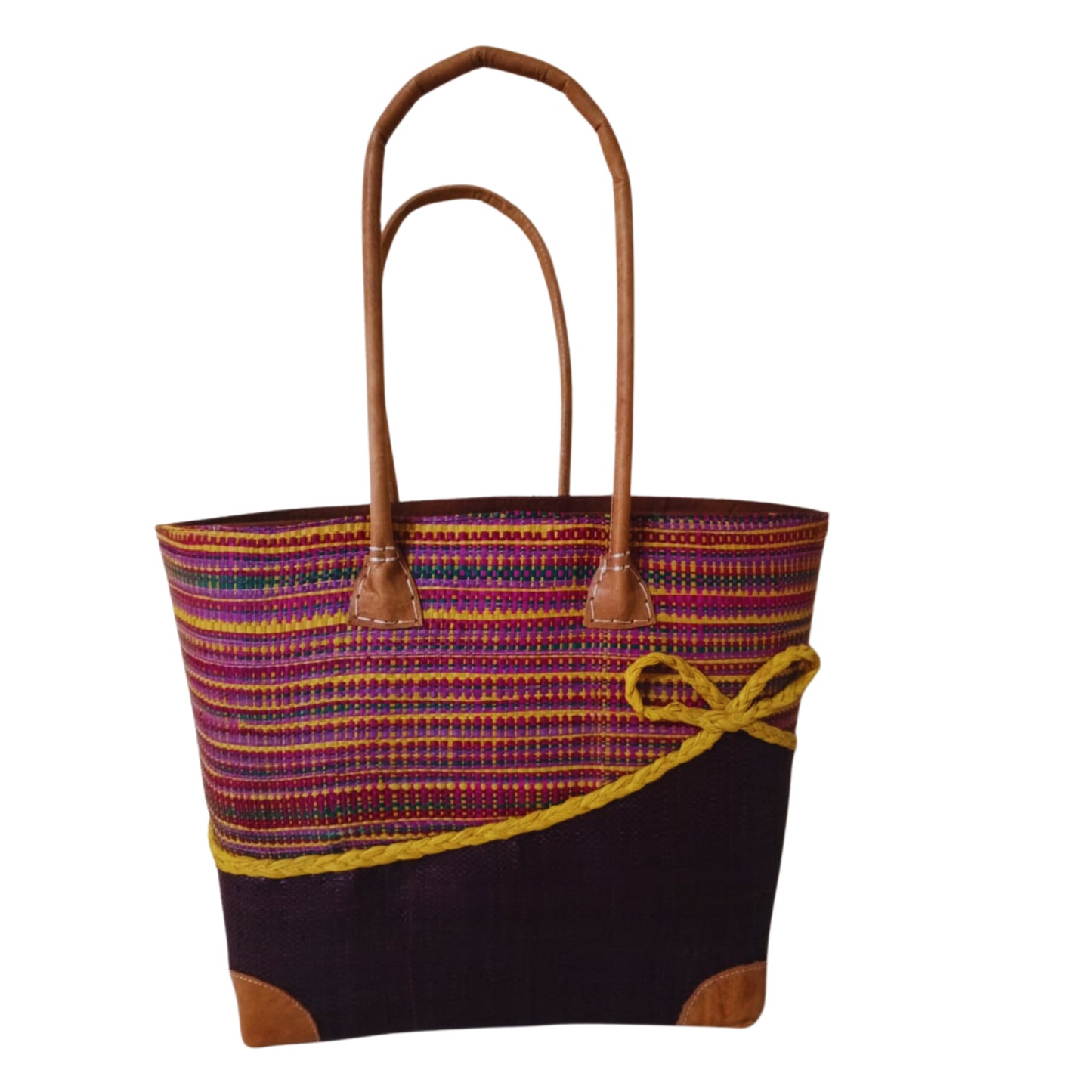 Black Yellow woven basket with a bow at the front. Handmade in Madagascar. 