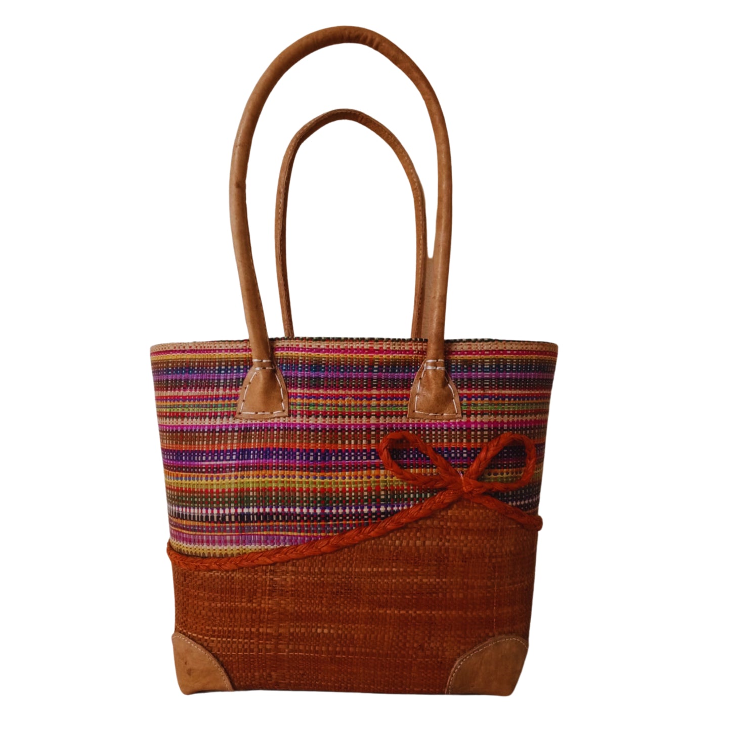 Brown woven basket with a bow at the front. Handmade in Madagascar. 