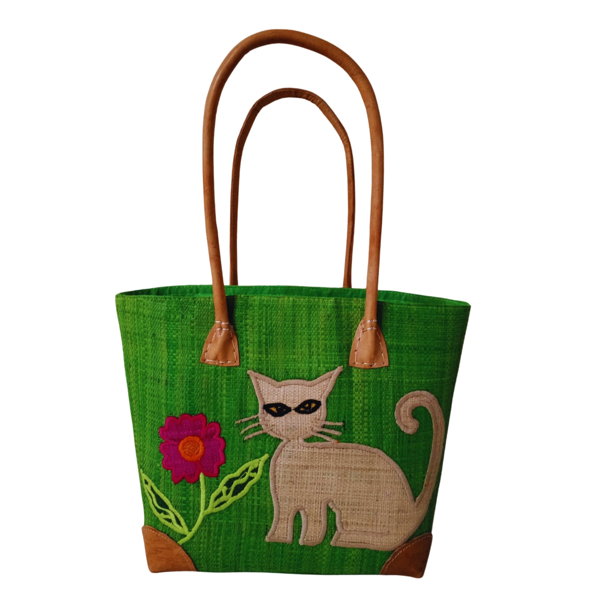 Green woven basket with cat embroidery, leather handle and drawstring closure. handmade in Madagascar. 