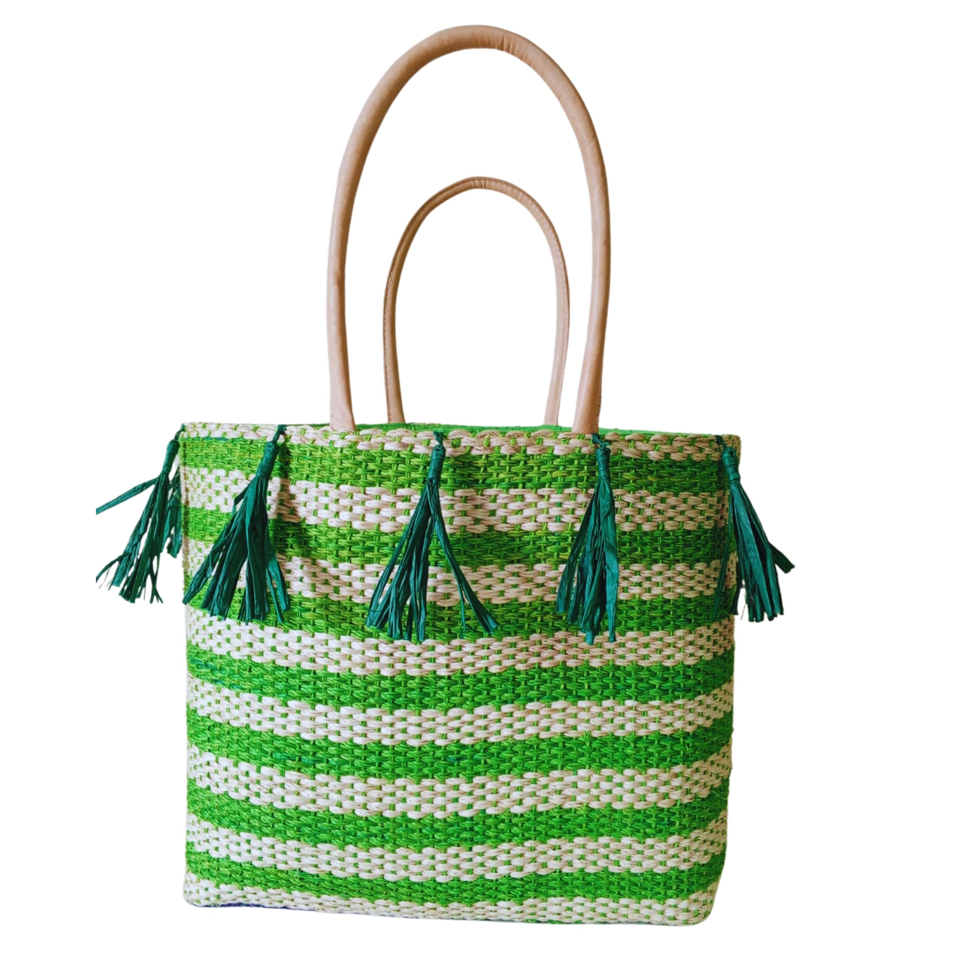 Green handmade woven basket with tassel. Leather handle and drawstring closure. Handmade in Madagascar 