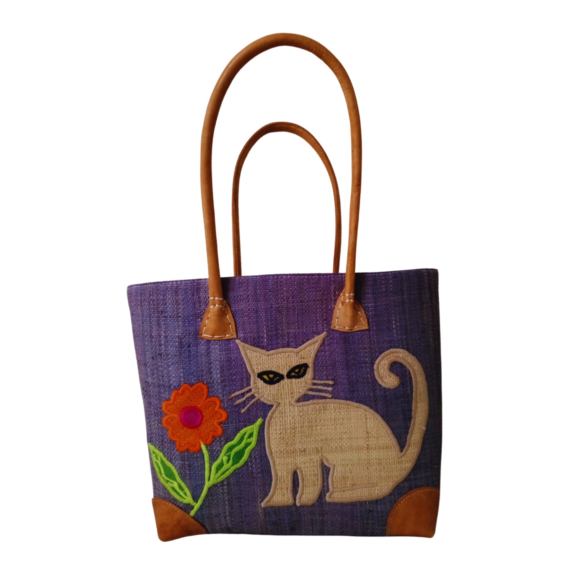 Grey woven basket with cat embroidery, leather handle and drawstring closure. handmade in Madagascar. 