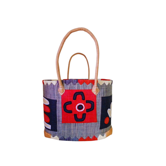 NatsNco handmade raffia women grey basket with pattern embroidery and leather handle & drawstring closure. Made in Madagascar