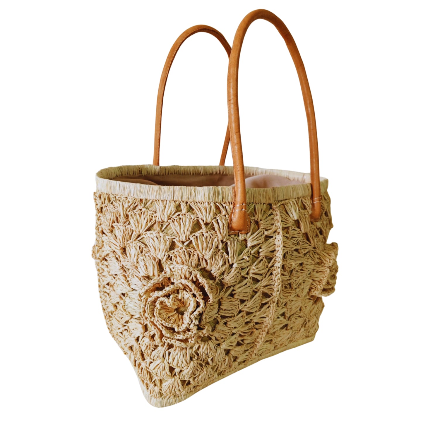 Handmade woven basket with crochet design. 