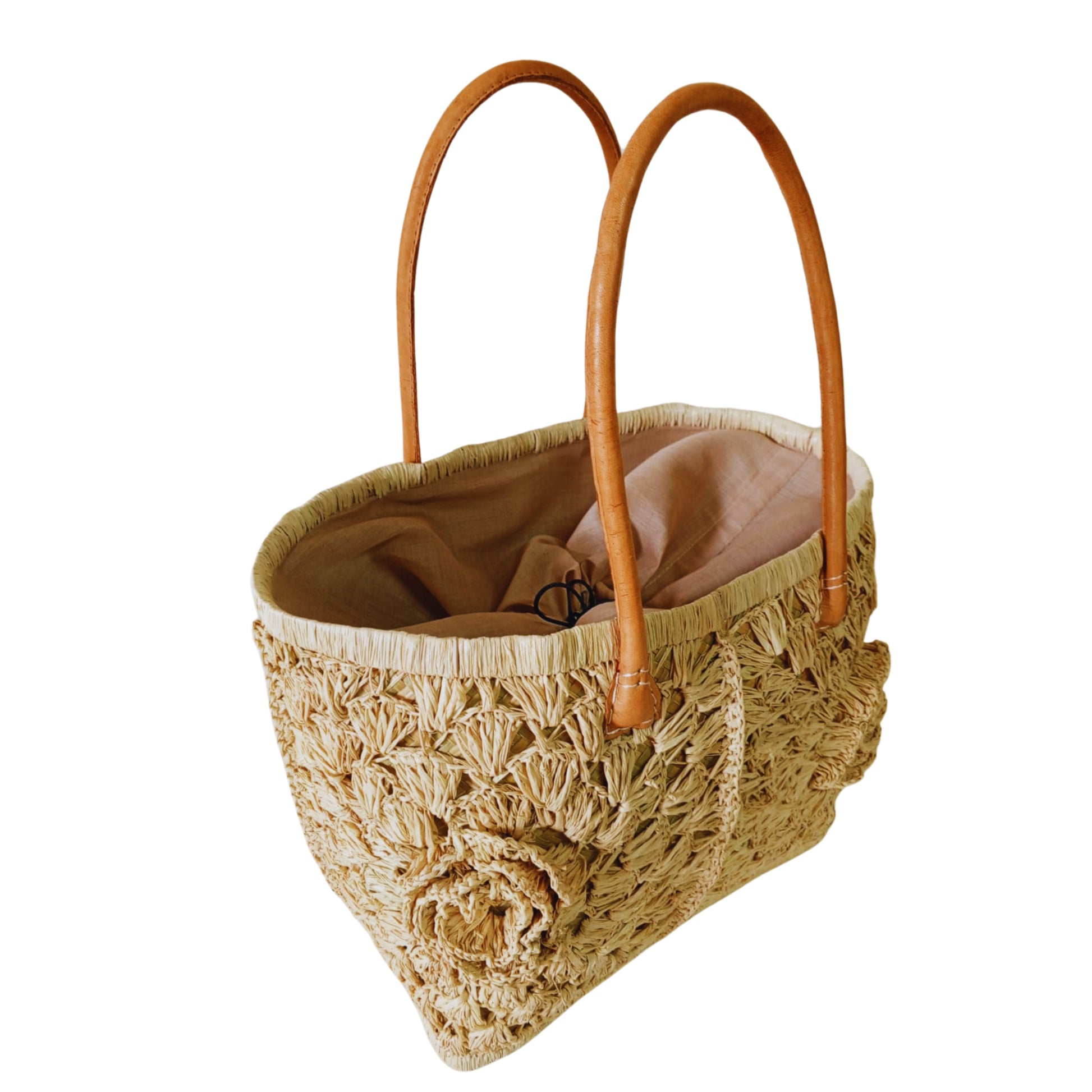 Handmade woven basket with crochet design. 