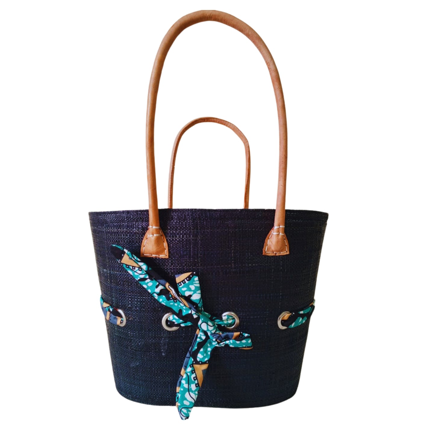 Navy Blue raffia woven basket with a fabric bow tied features. Handmade in Madagascar