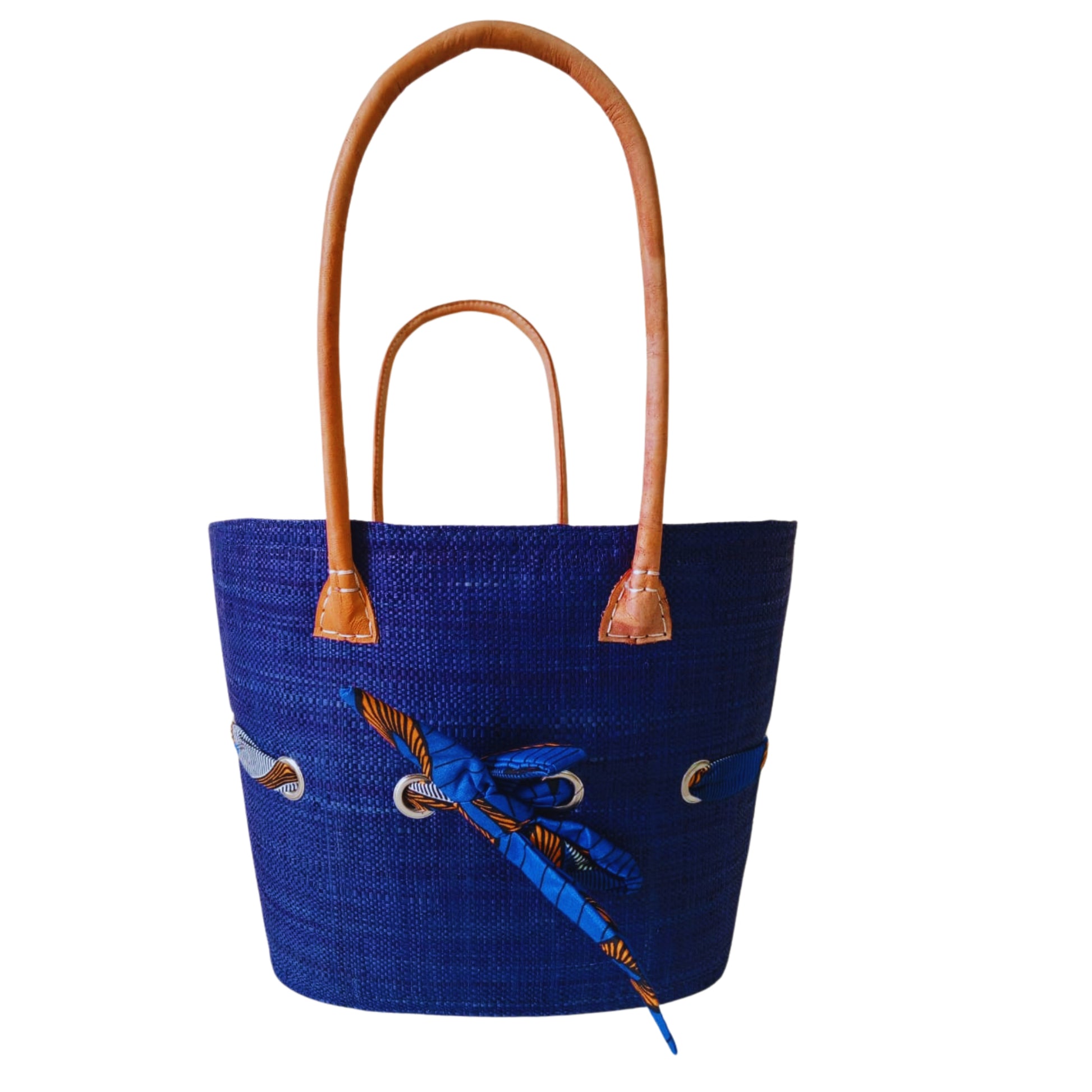 Blue raffia woven basket with a fabric bow tied features. Handmade in Madagascar