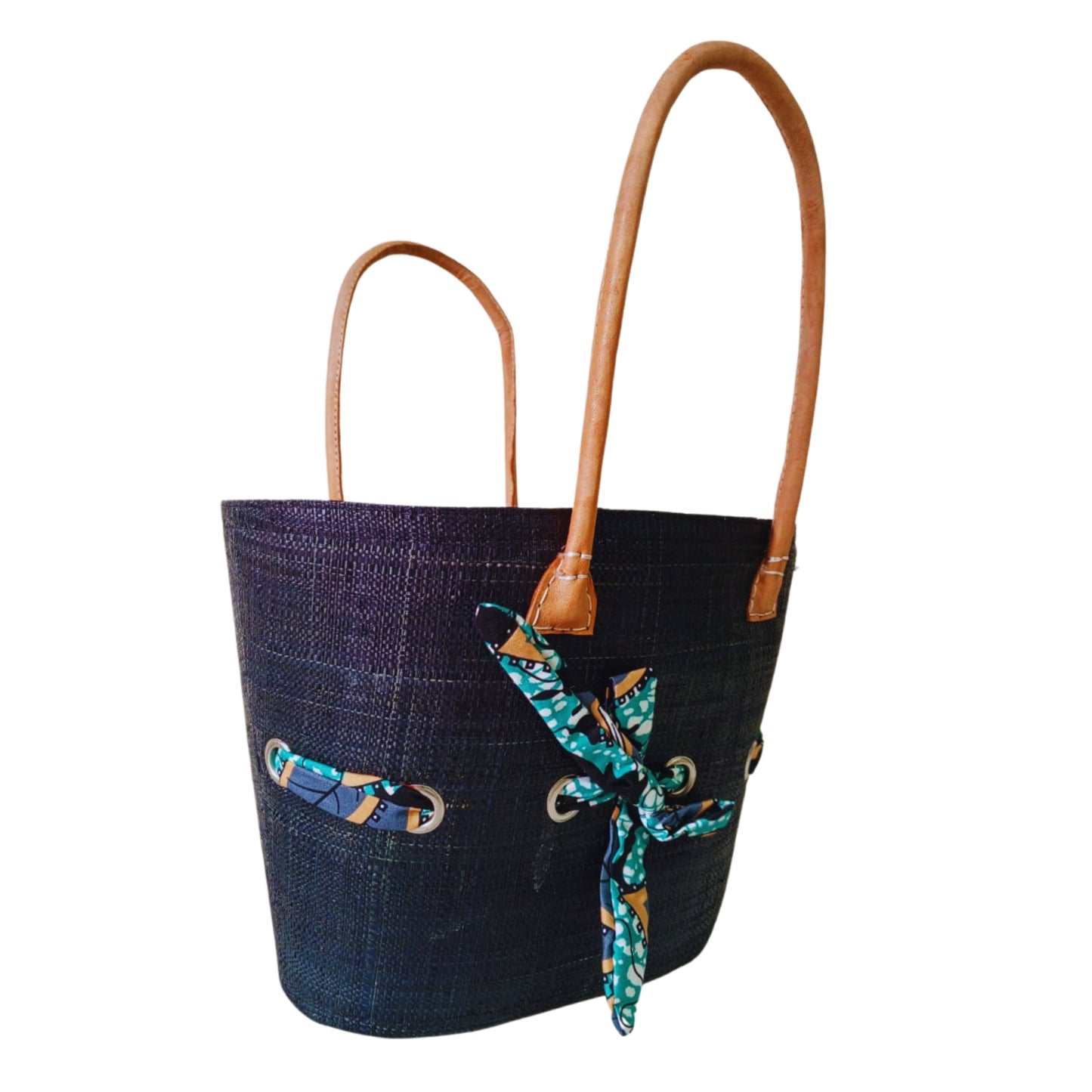 Navy Blue raffia woven basket with a fabric bow tied features. Handmade in Madagascar