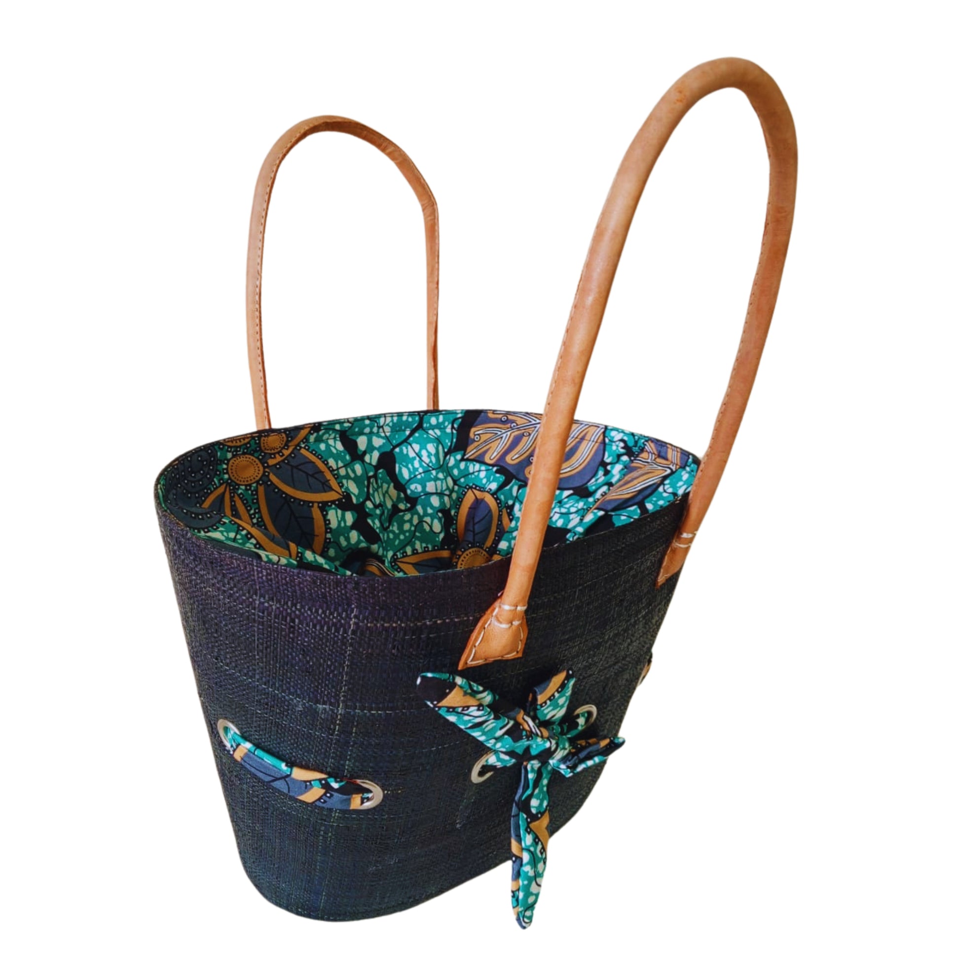 Navy Blue raffia woven basket with a fabric bow tied features. Handmade in Madagascar