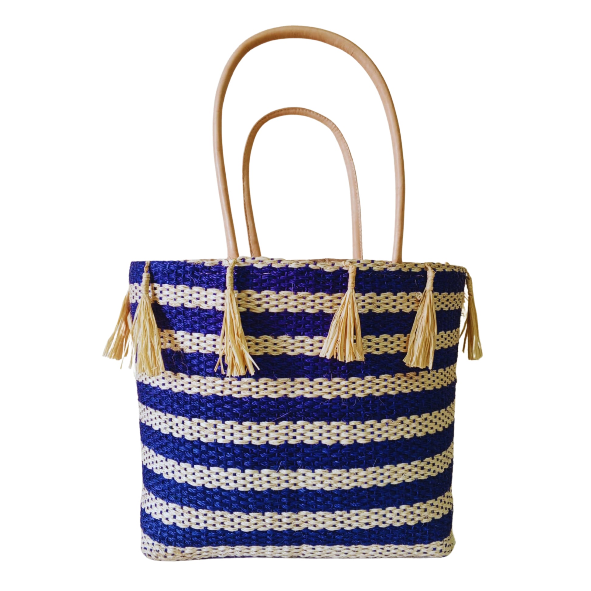 Navy Blue handmade woven basket with tassel. Leather handle and drawstring closure. Handmade in Madagascar 