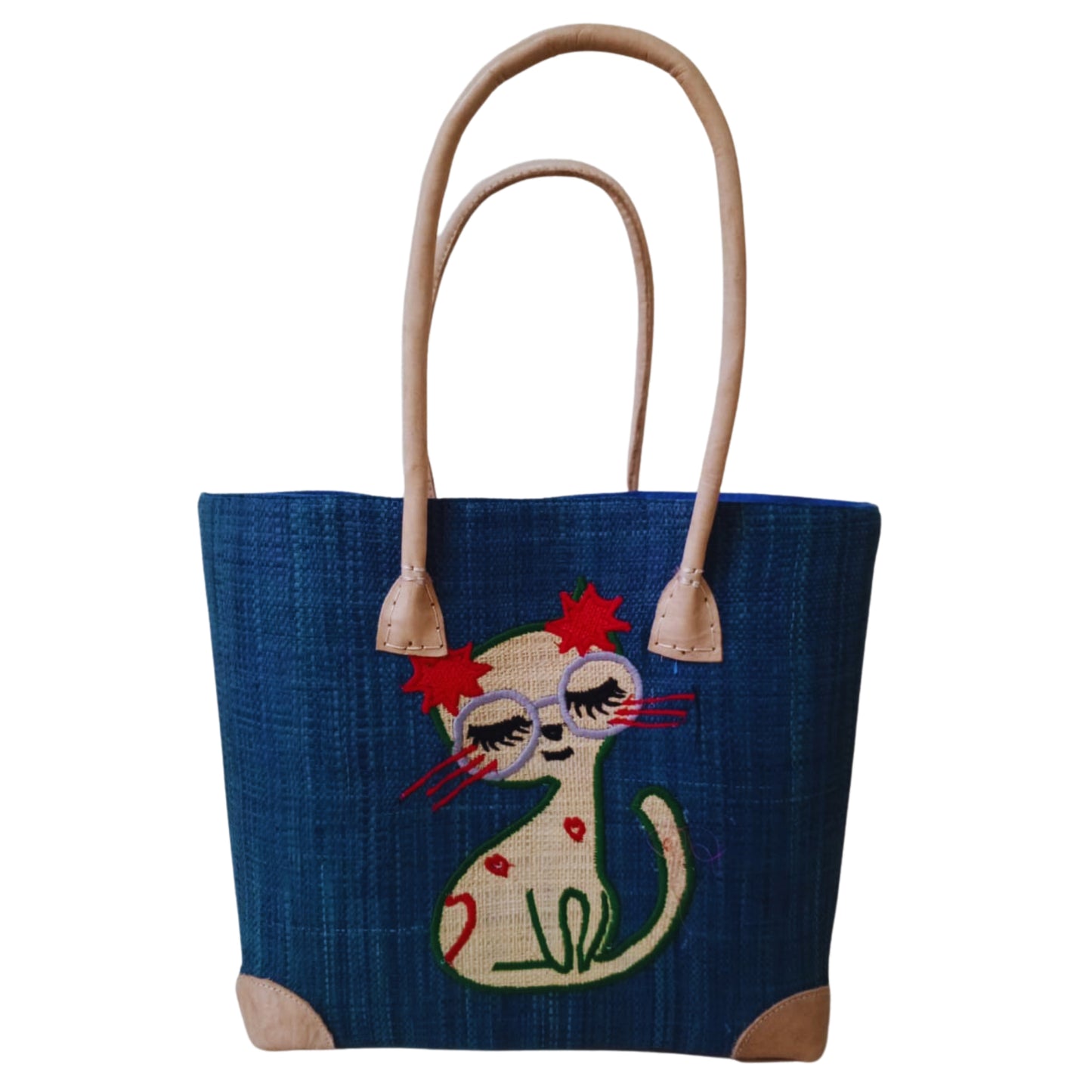 Navy Blue woven cat basket with strong leather handle and drawstring. Handmade in Madagascar. 