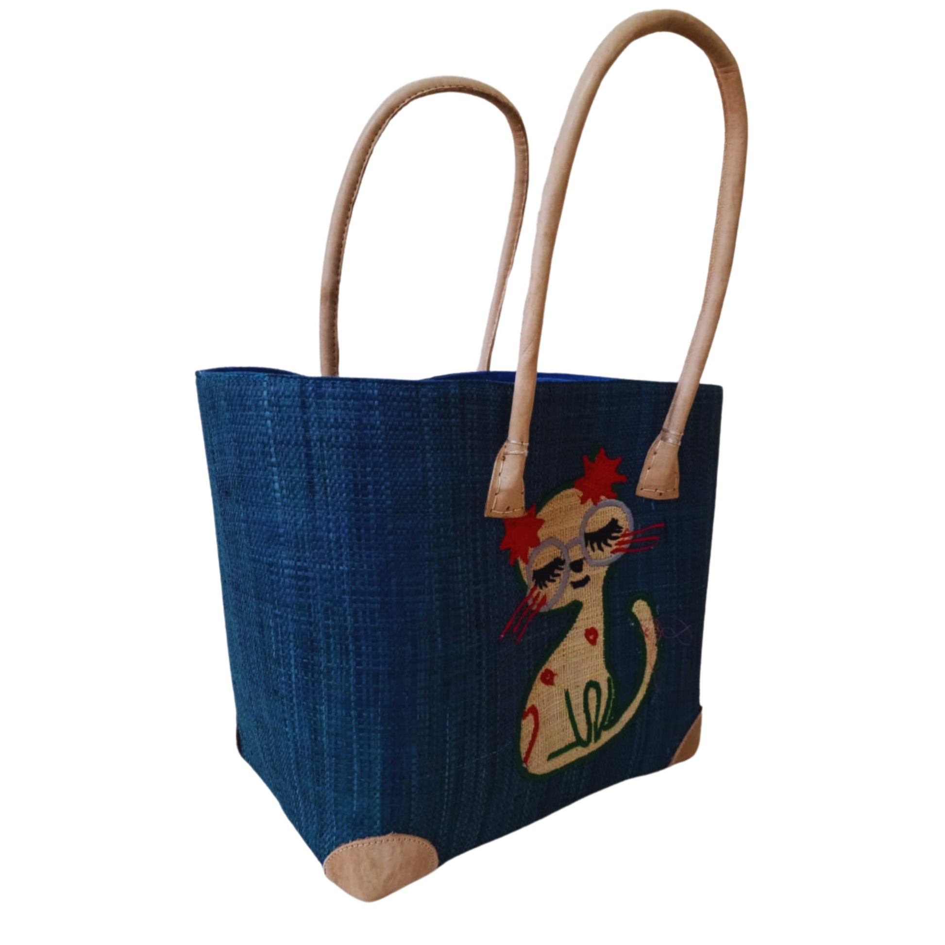 Navy Blue woven cat basket with strong leather handle and drawstring. Handmade in Madagascar. 