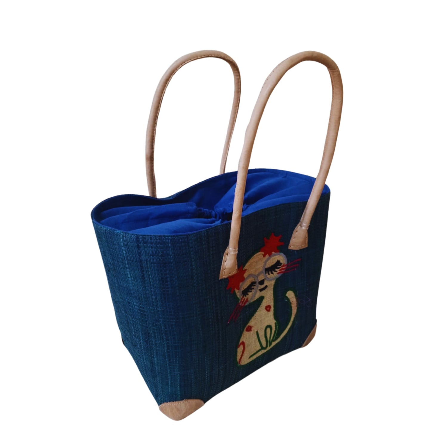 Navy Blue woven cat basket with strong leather handle and drawstring. Handmade in Madagascar. 