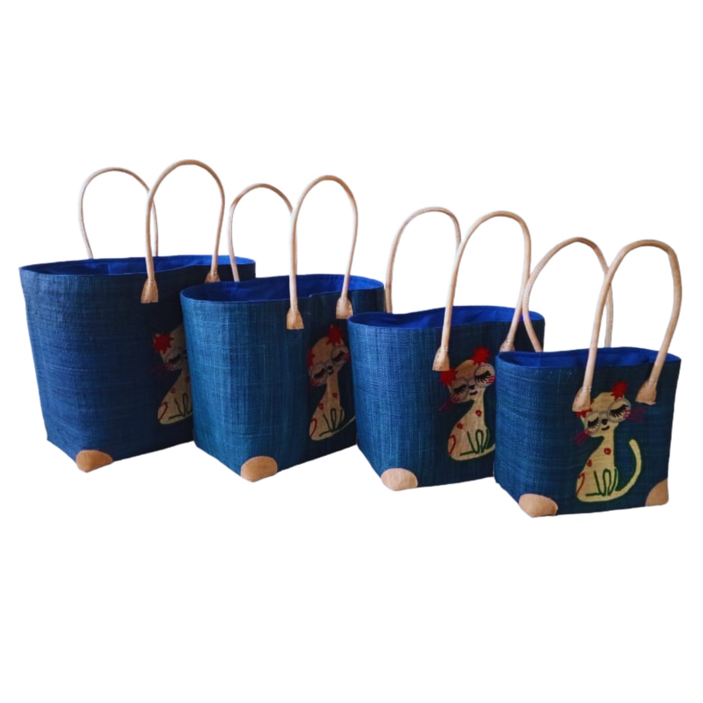 Navy Blue woven cat basket with strong leather handle and drawstring. Handmade in Madagascar. 