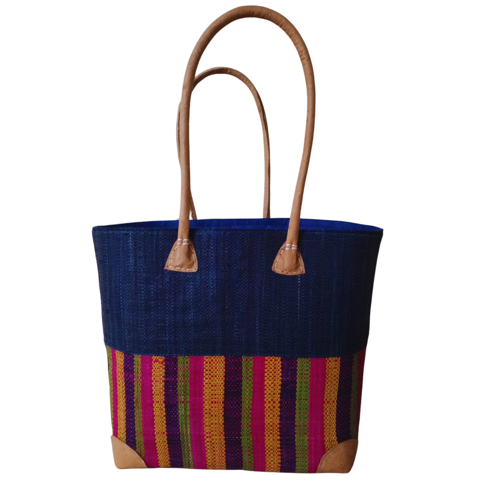 Navy Blue with colourful stripes design at the bottom. Woven basket with leather handle. Handmade in madagascar. 