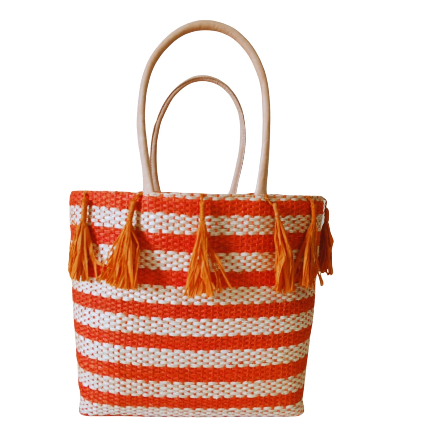 Orange handmade woven basket with tassel. Leather handle and drawstring closure. Handmade in Madagascar 