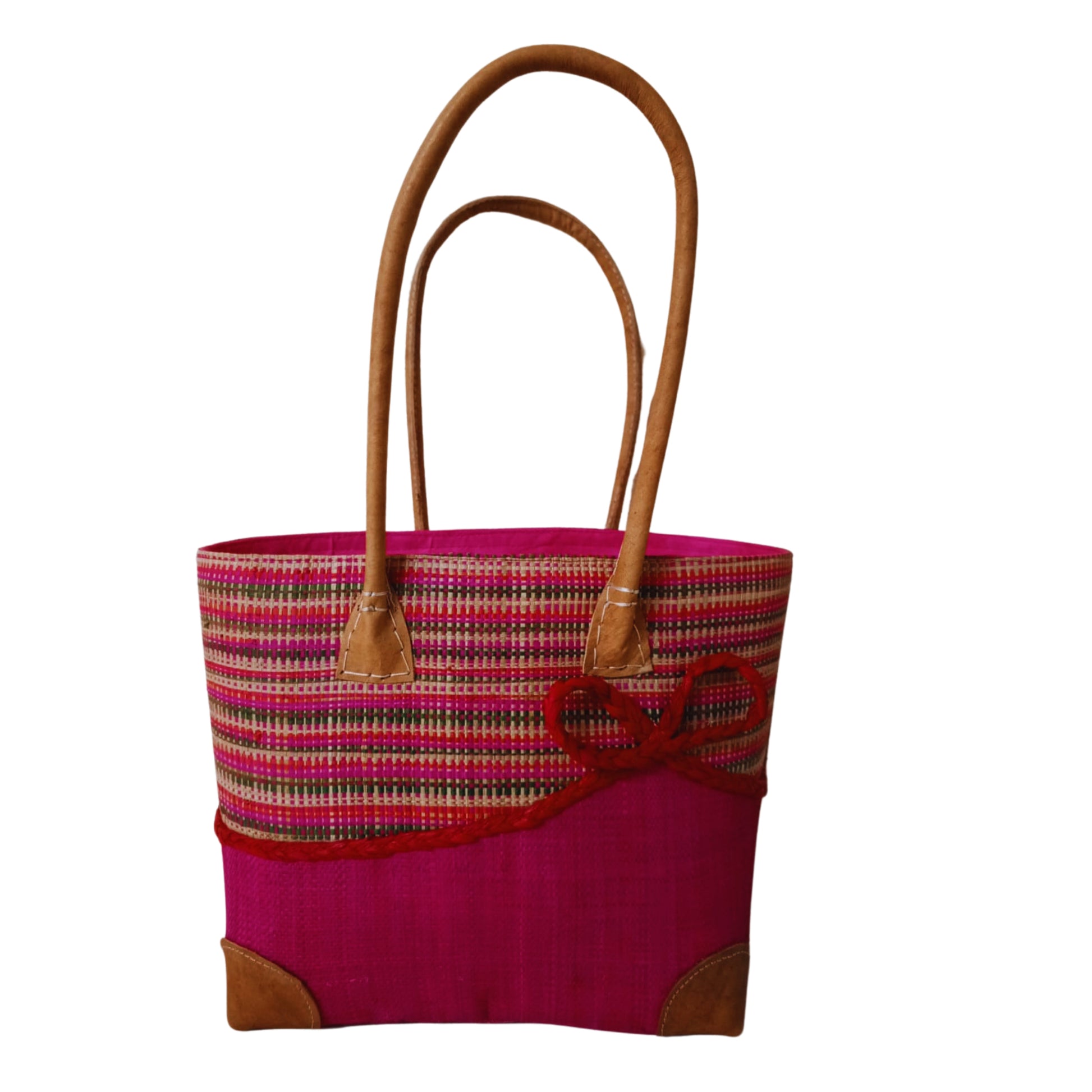 Dark Pink woven basket with a bow at the front. Handmade in Madagascar. 