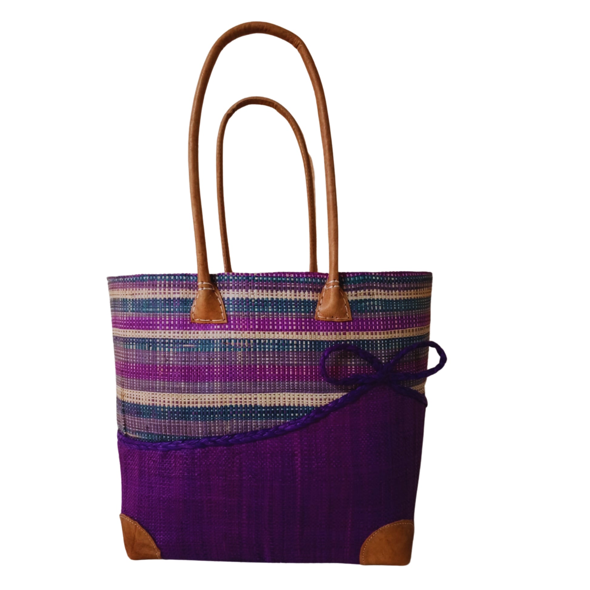 Purple woven basket with a bow at the front. Handmade in Madagascar. 