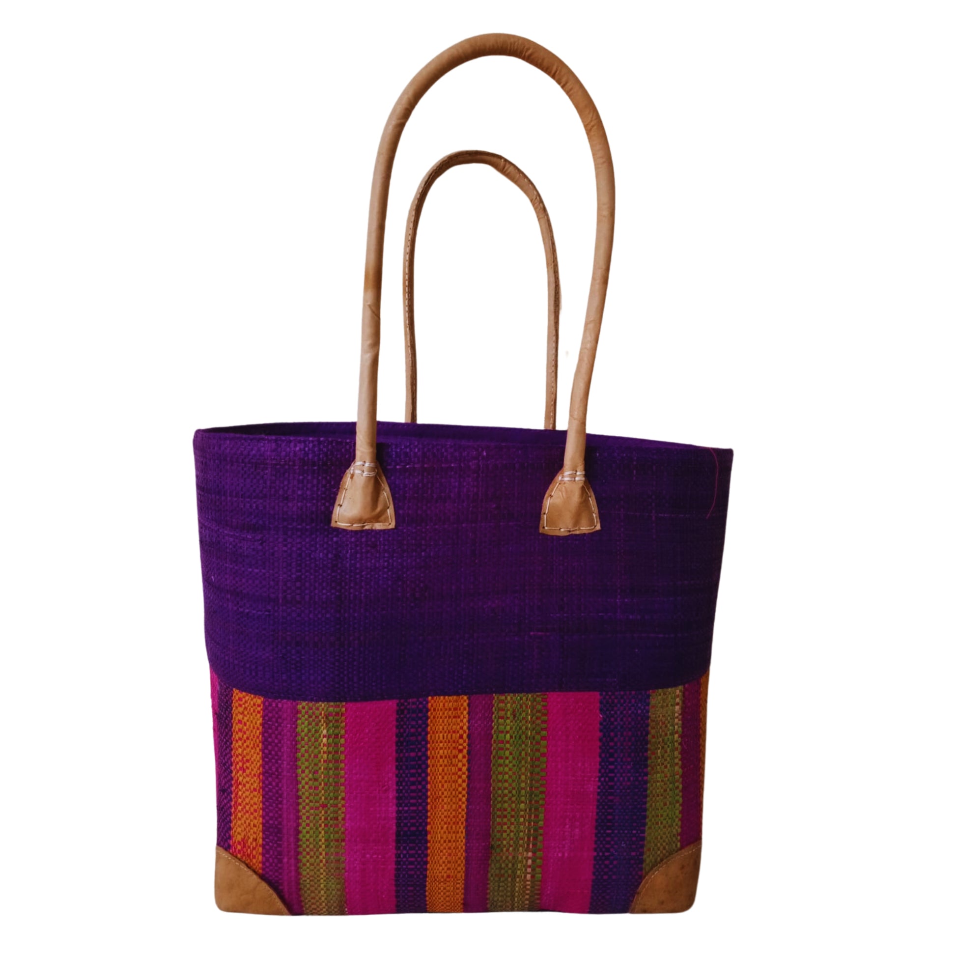 Purple with colourful stripes design at the bottom. Woven basket with leather handle. Handmade in madagascar. 