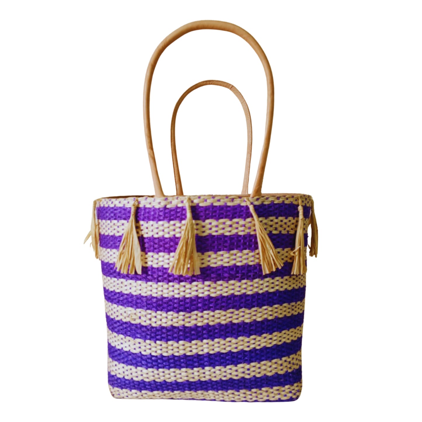 Purple handmade woven basket with tassel. Leather handle and drawstring closure. Handmade in Madagascar 