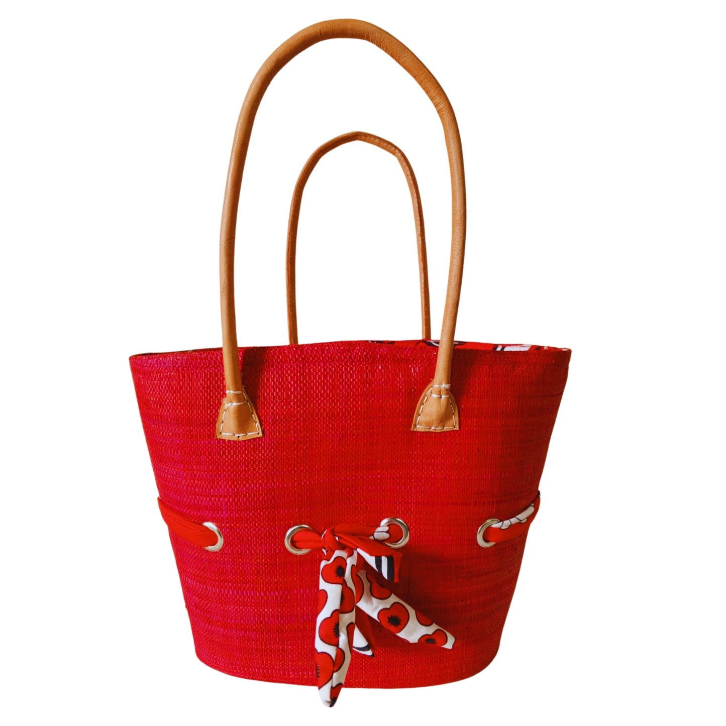 Red  raffia woven basket with a fabric bow tied features. Handmade in Madagascar