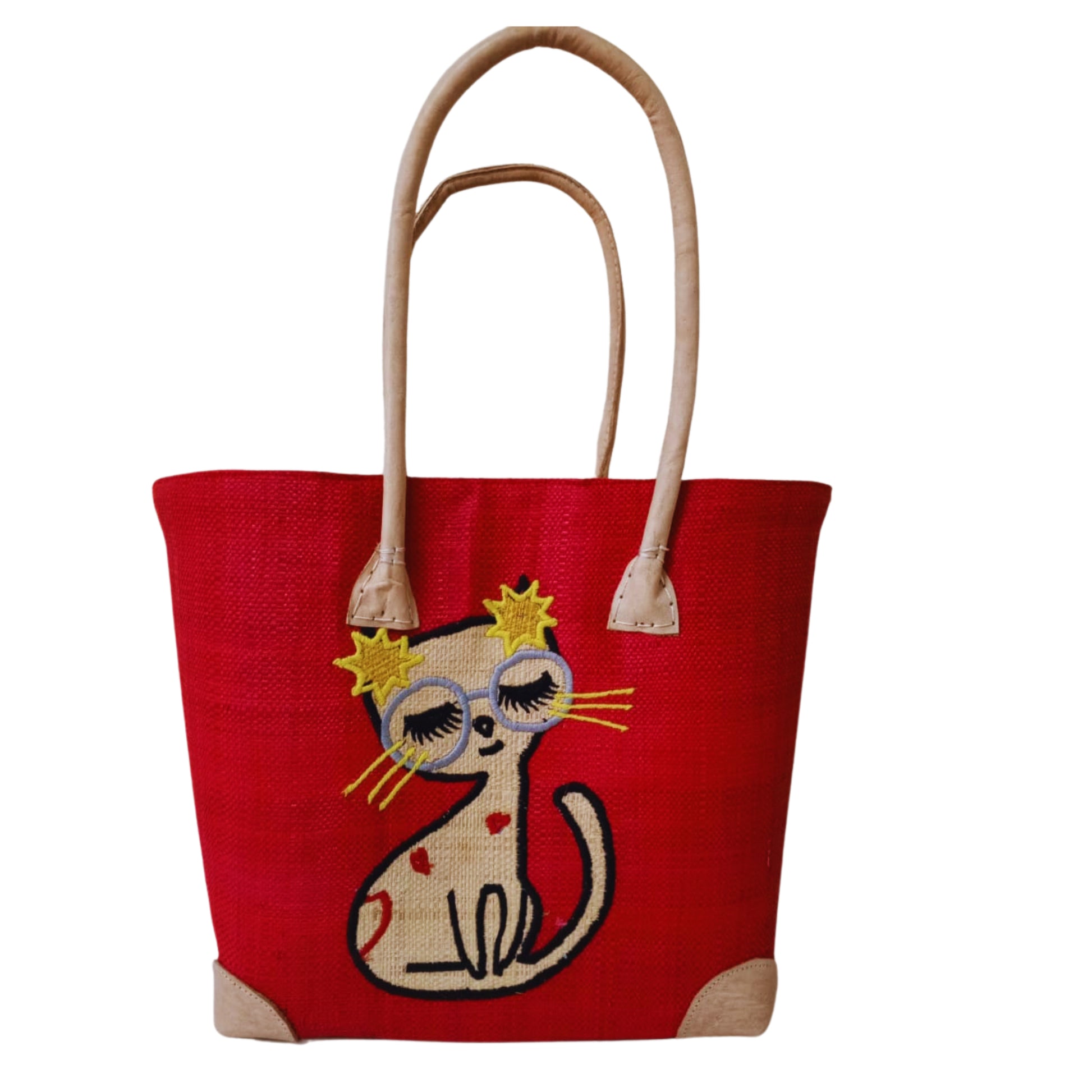 Red woven cat basket with strong leather handle and drawstring. Handmade in Madagascar. 