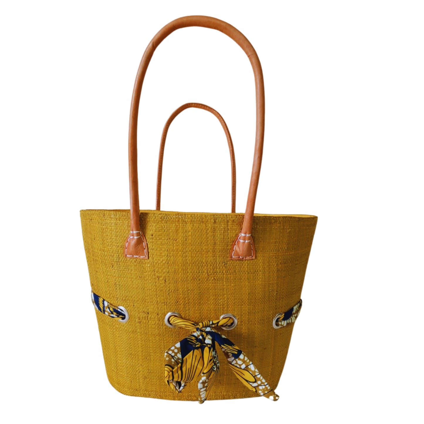 Yellow raffia woven basket with a fabric bow tied features. Handmade in Madagascar