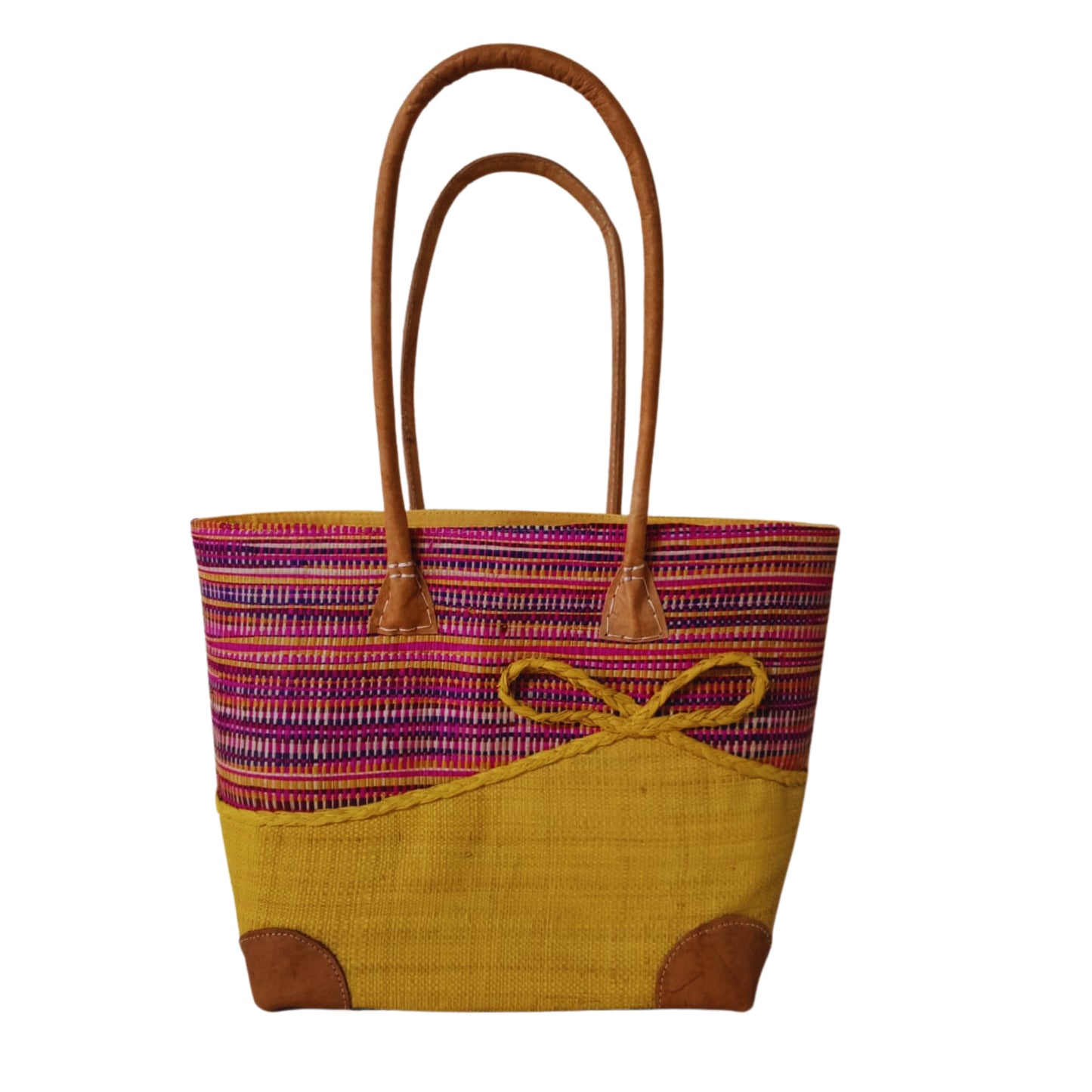 Yellow woven basket with a bow at the front. Handmade in Madagascar. 