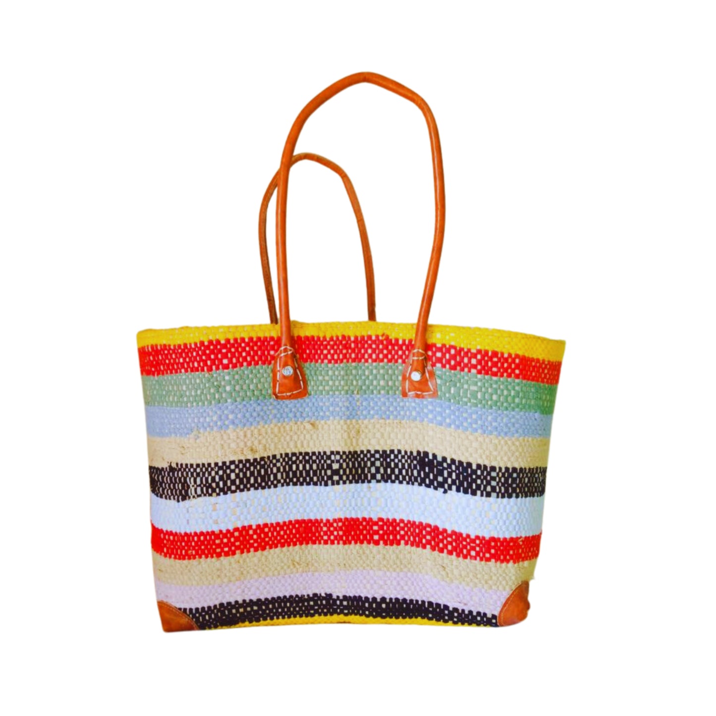 NatsNco handmade raffia, women,beige basket with colourful stripes and leather handle & drawstring closure. Made in Madagascar