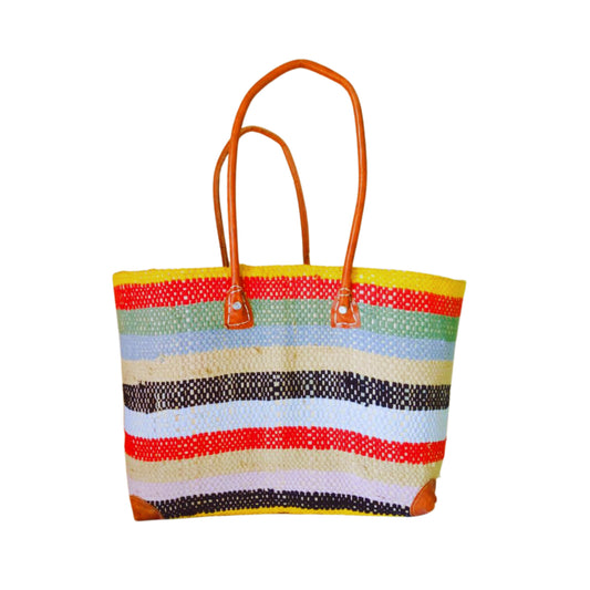 NatsNco handmade raffia, women,beige basket with colourful stripes and leather handle & drawstring closure. Made in Madagascar