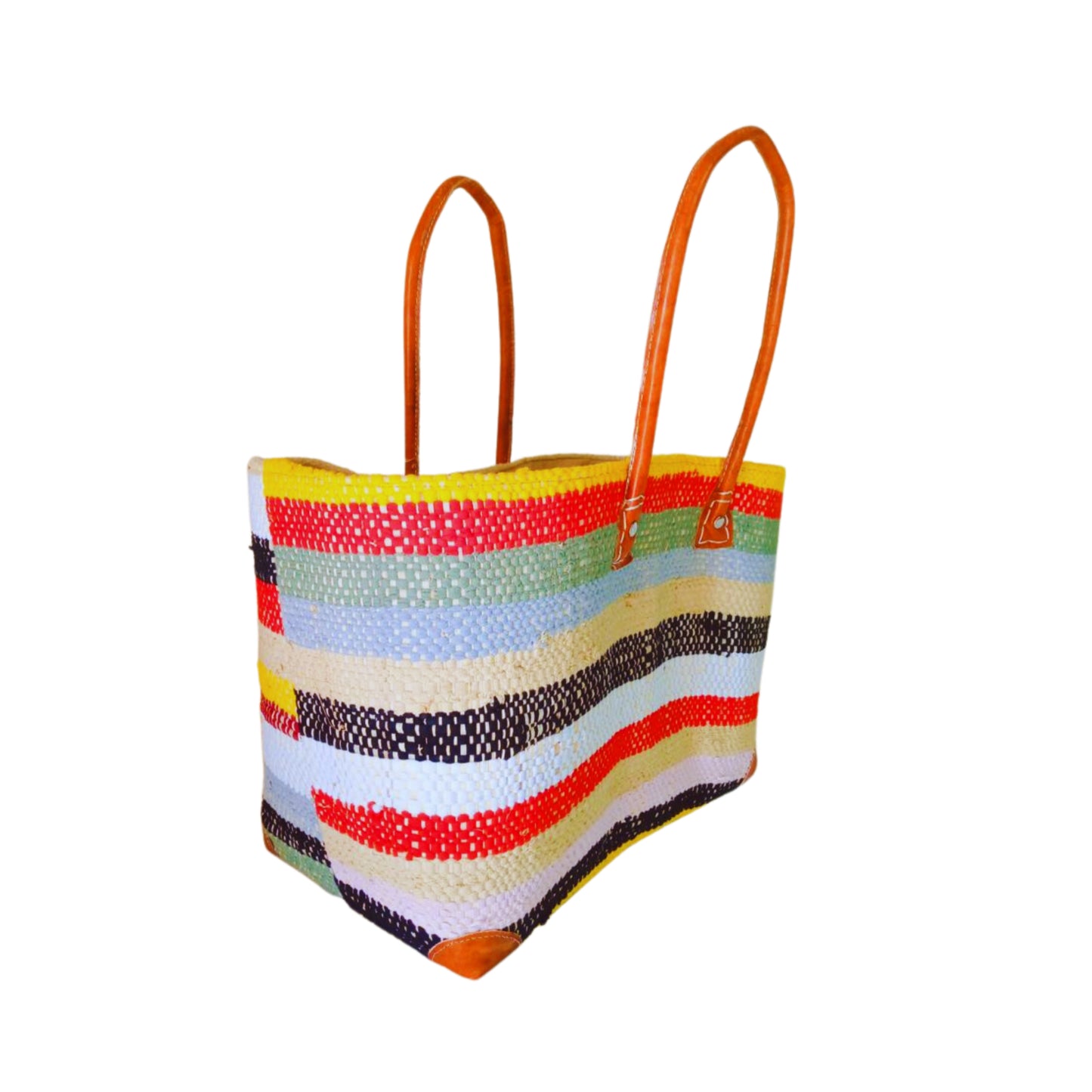 NatsNco handmade raffia, women,beige basket with colourful stripes and leather handle & drawstring closure. Made in Madagascar