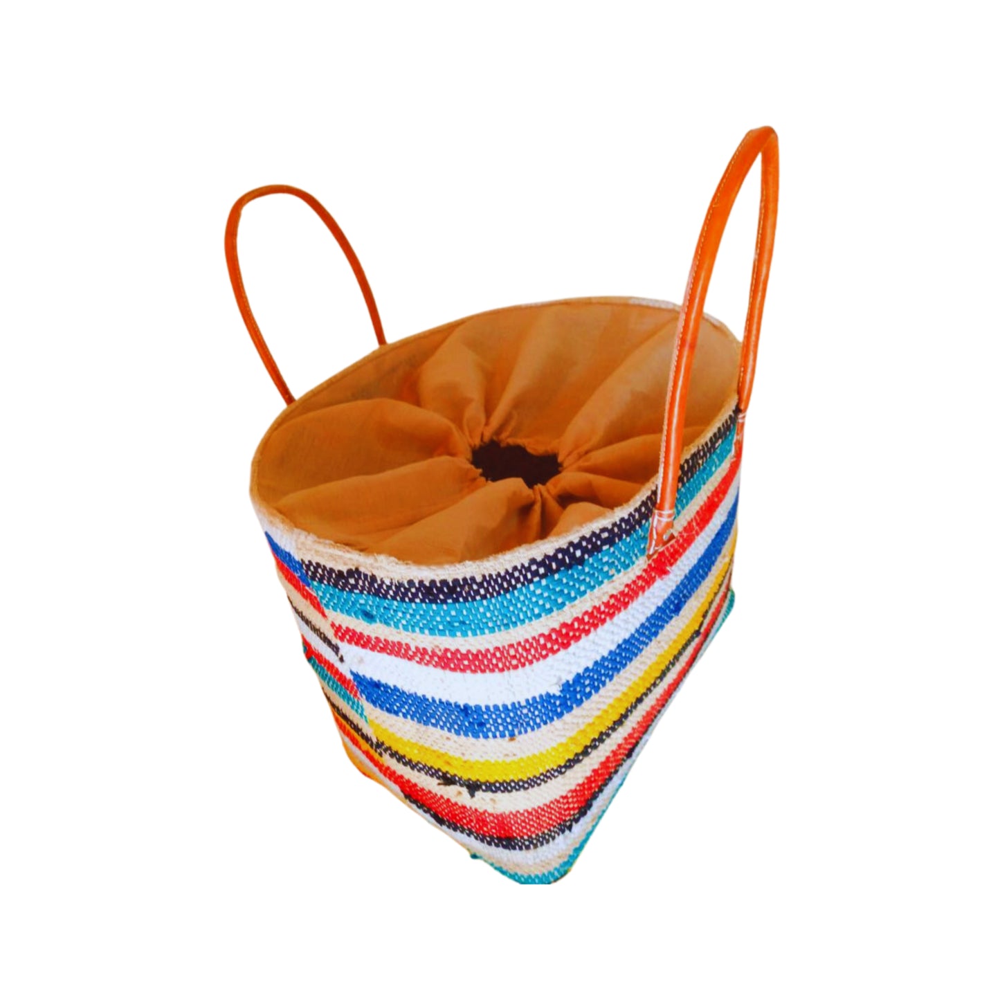 NatsNco handmade raffia, women,beige basket with colourful stripes and leather handle & drawstring closure. Made in Madagascar