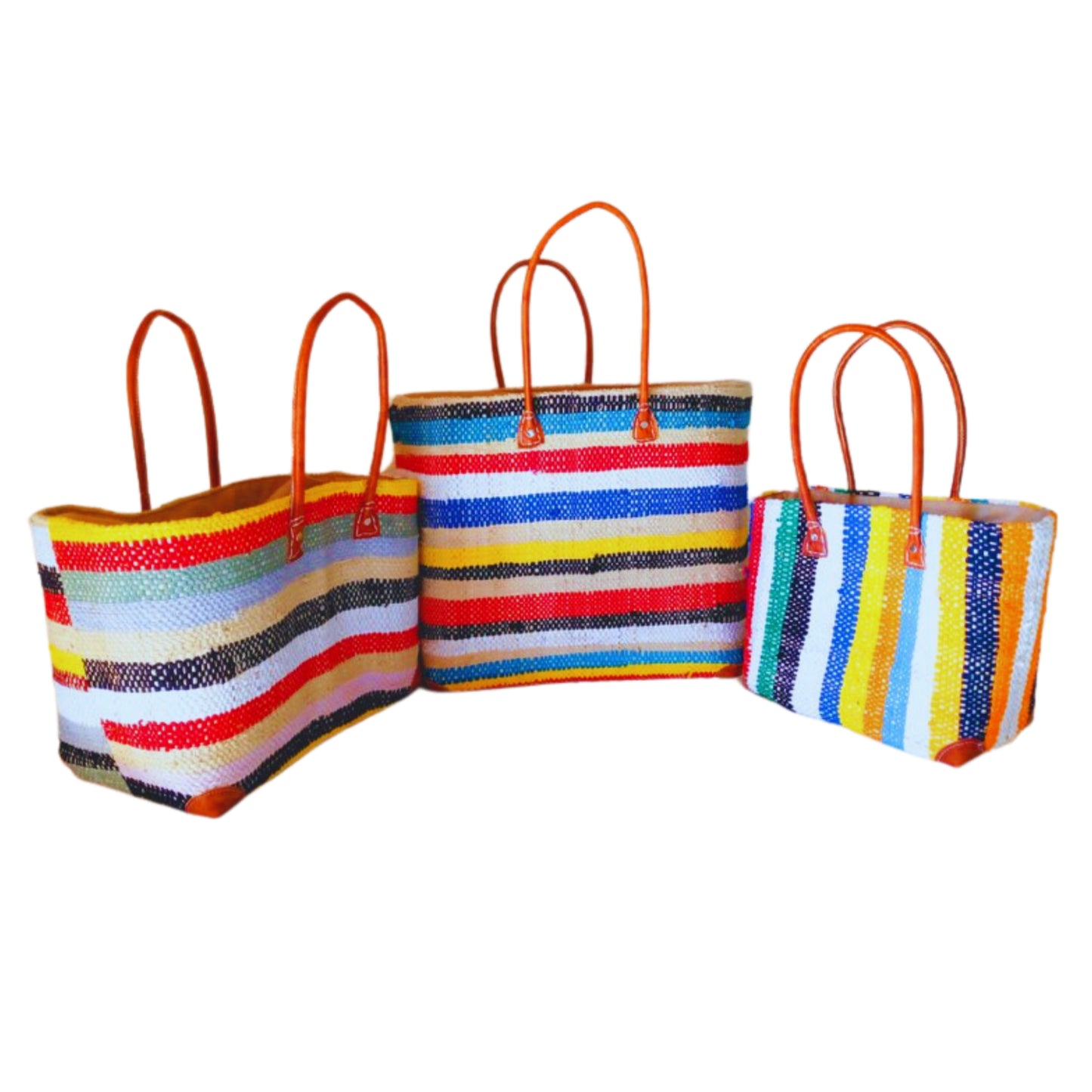 NatsNco handmade raffia, women,beige basket with colourful stripes and leather handle & drawstring closure. Made in Madagascar