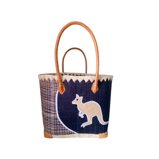 NatsNco handmade raffia women, australian animals, embroidery,kangaroo basket and leather handle & drawstring closure. Made in Madagascar