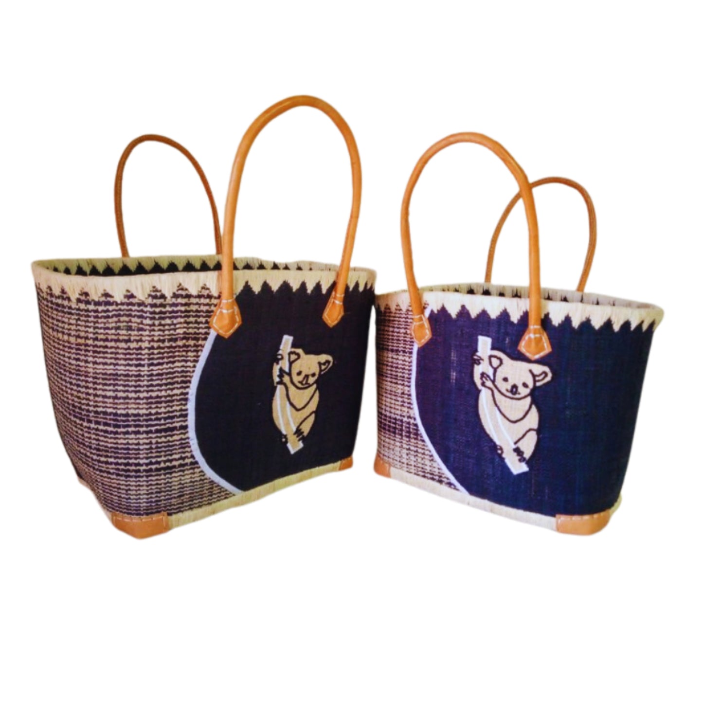 NatsNco handmade raffia women, australian animals, embroidery,koala basket and leather handle & drawstring closure. Made in Madagascar