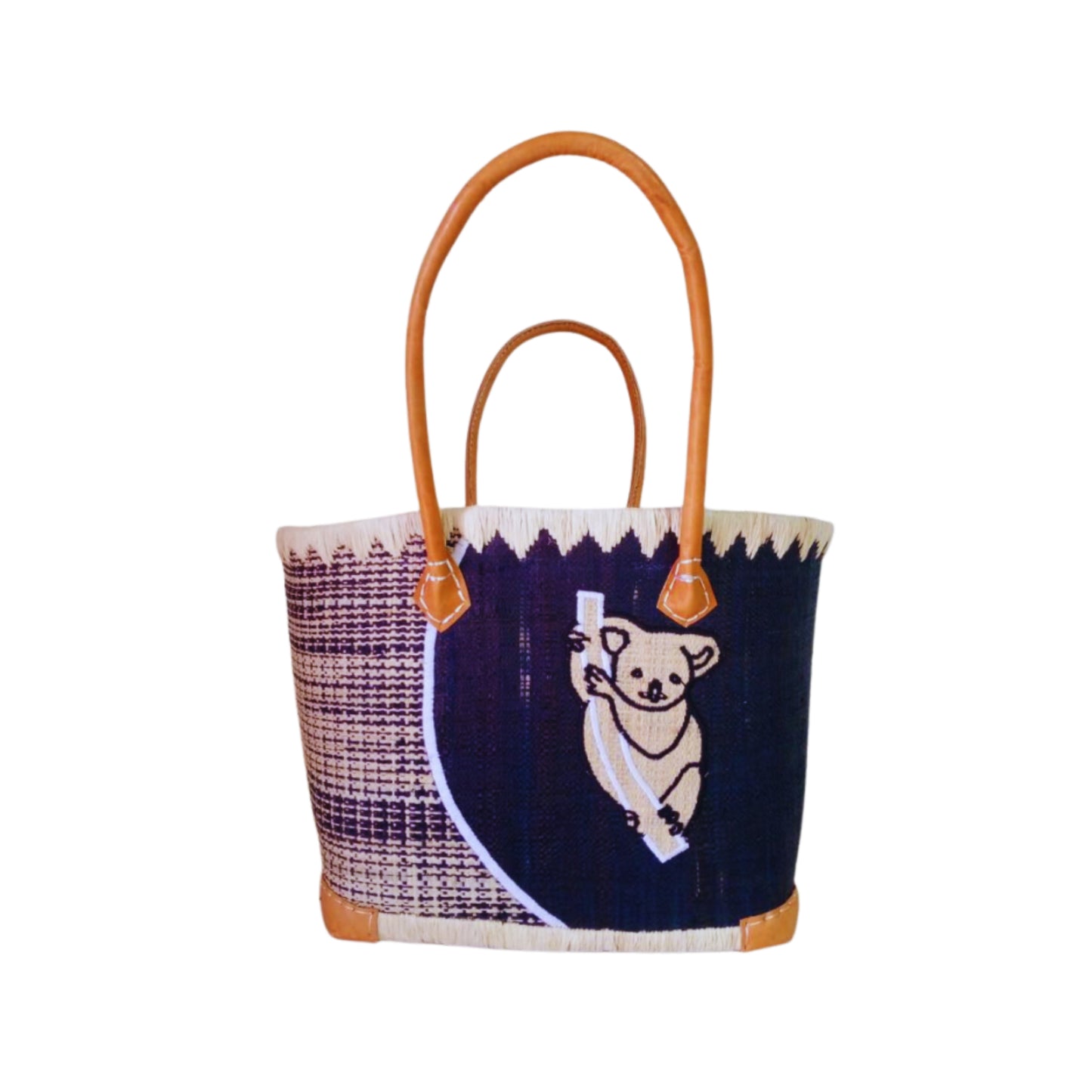 NatsNco handmade raffia women, australian animals, embroidery,koala basket and leather handle & drawstring closure. Made in Madagascar