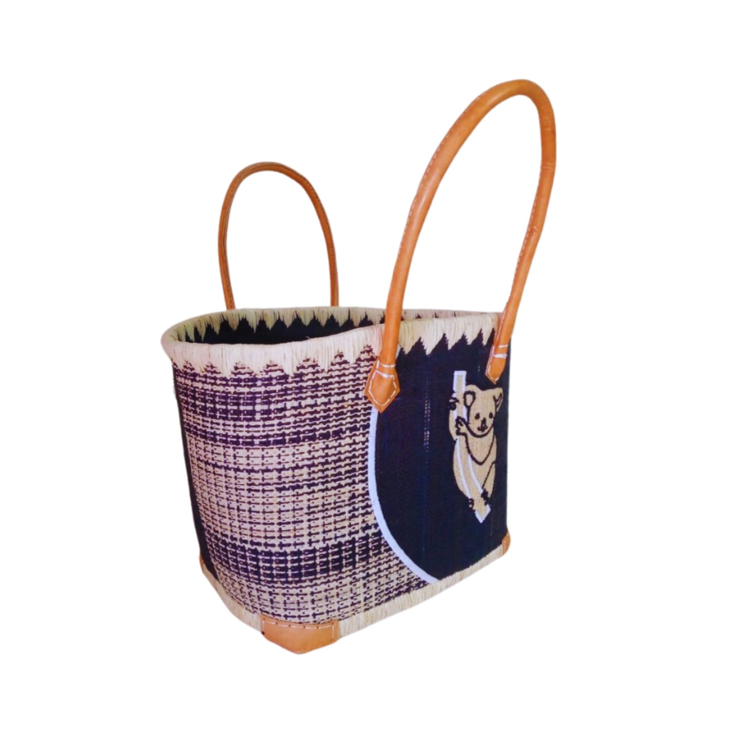 NatsNco handmade raffia women, australian animals, embroidery,koala basket and leather handle & drawstring closure. Made in Madagascar