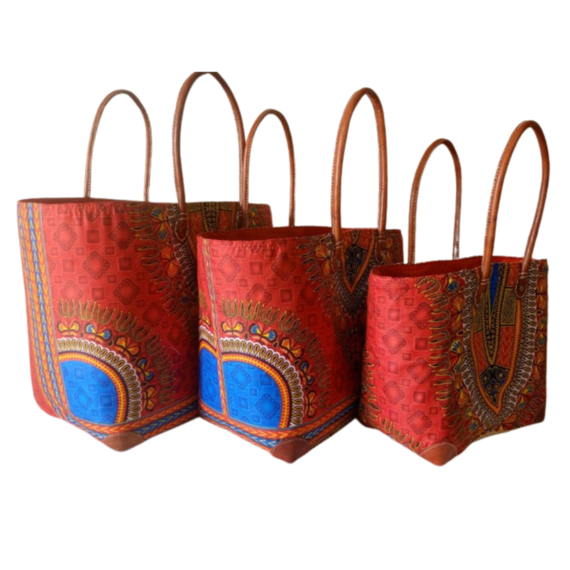 NatsNco handmade raffia, women,red basket wrap around with wax tissue cloth and leather handle & drawstring closure. Made in Madagascar