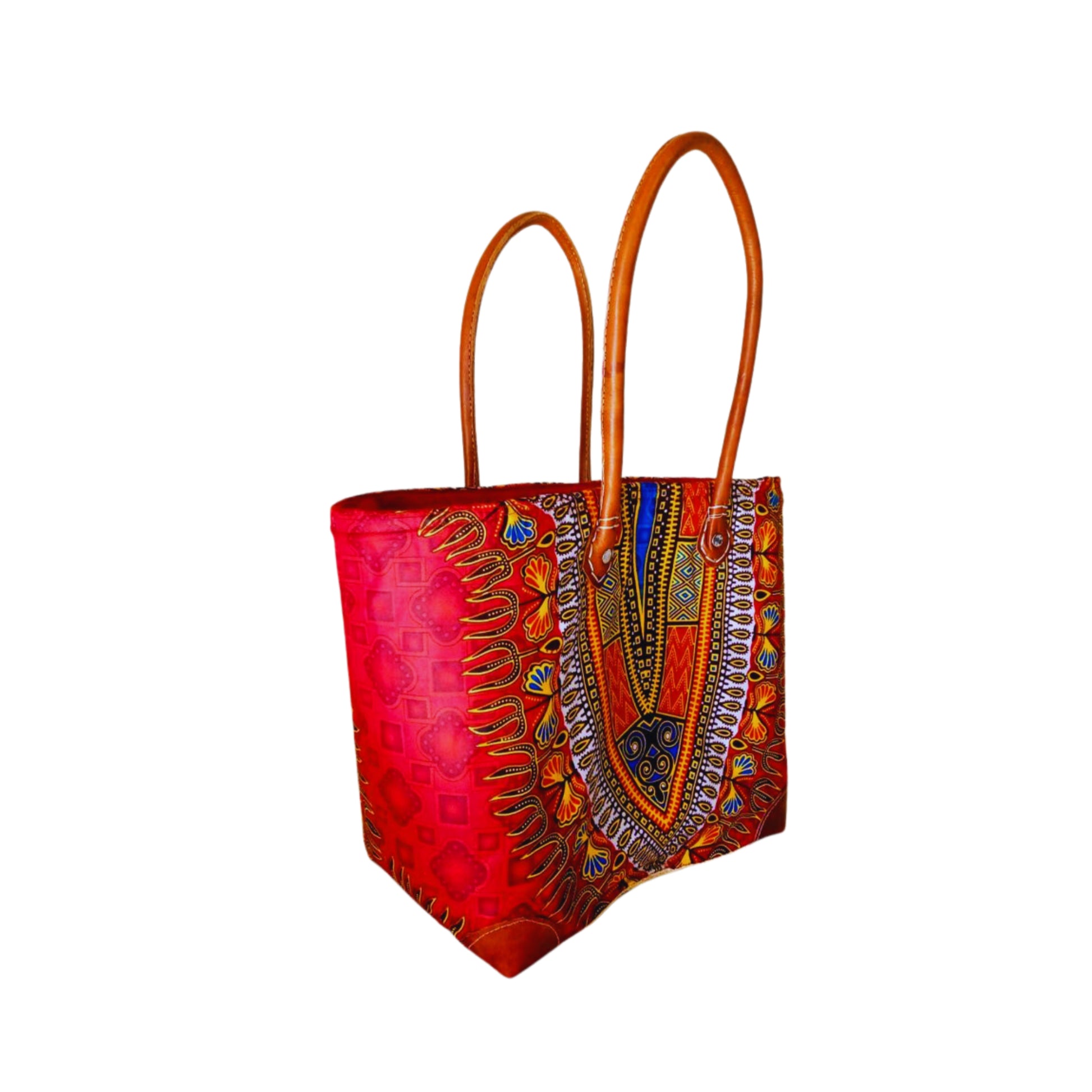 NatsNco handmade raffia, women,red basket wrap around with wax tissue cloth and leather handle & drawstring closure. Made in Madagascar