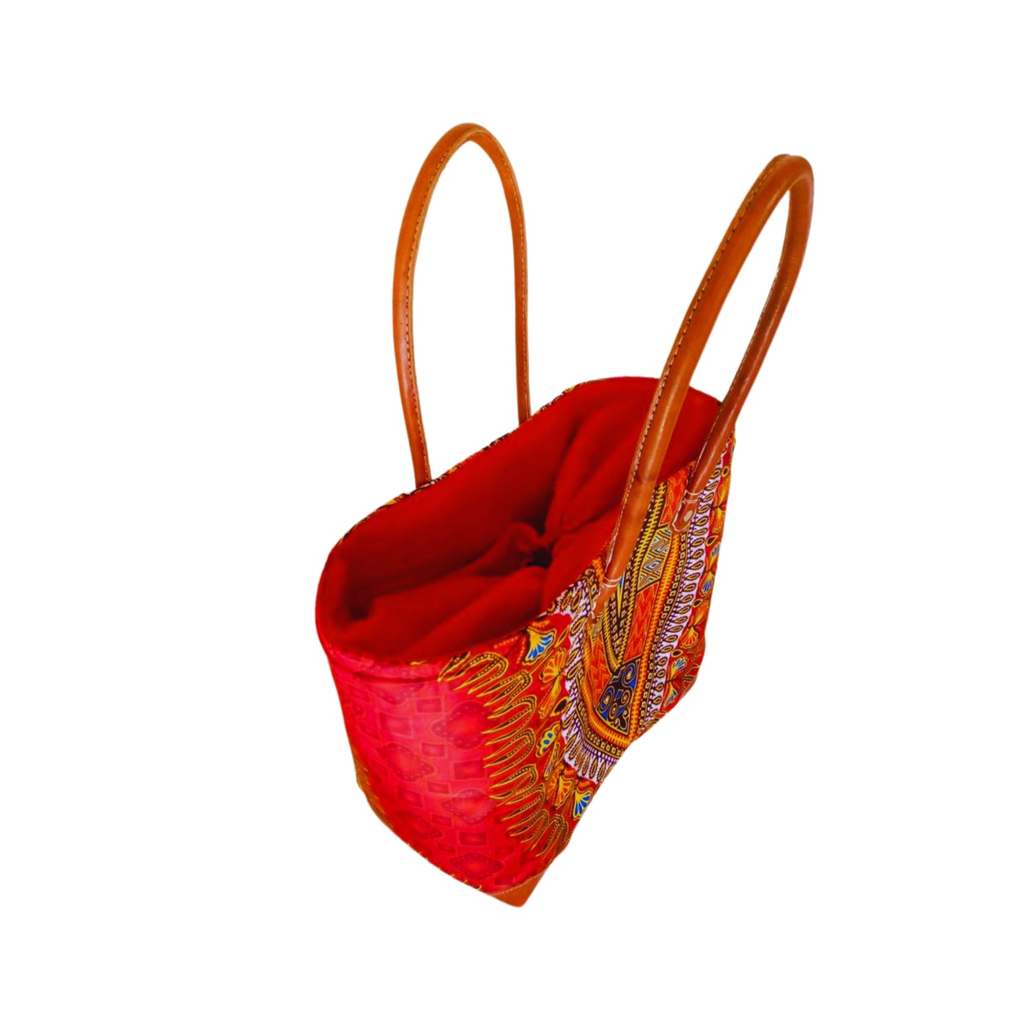 NatsNco handmade raffia, women,red basket wrap around with wax tissue cloth and leather handle & drawstring closure. Made in Madagascar