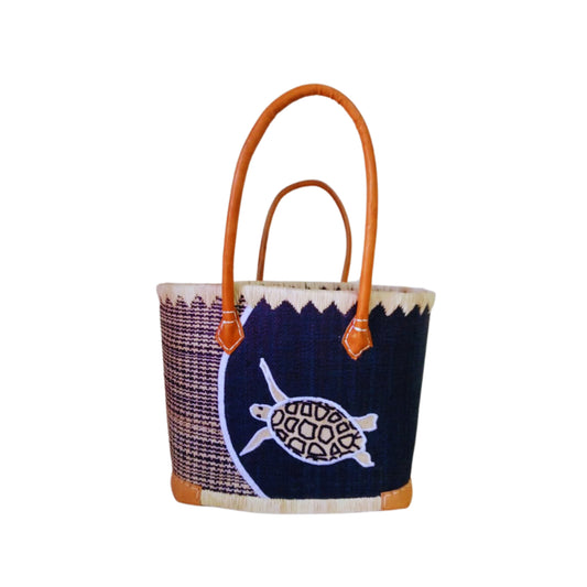 NatsNco handmade raffia women, australian animals, embroidery,turtle basket and leather handle & drawstring closure. Made in Madagascar