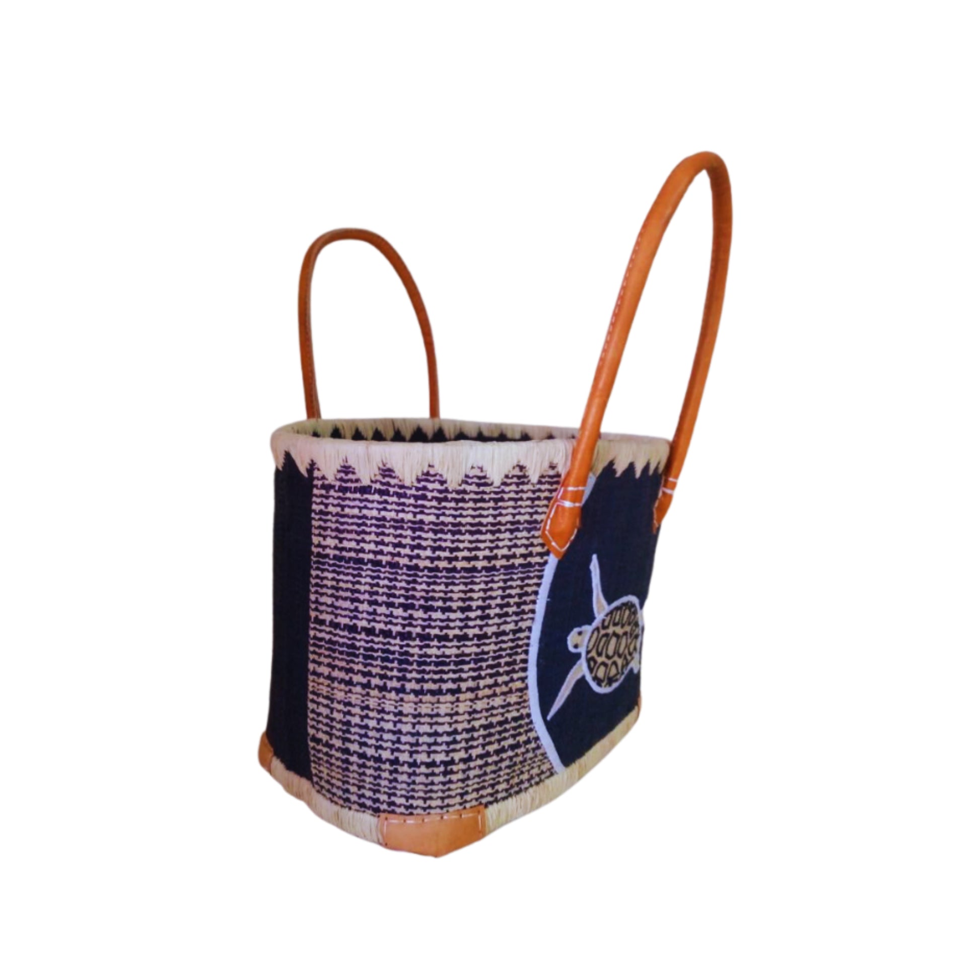 NatsNco handmade raffia women, australian animals, embroidery,turtle basket and leather handle & drawstring closure. Made in Madagascar